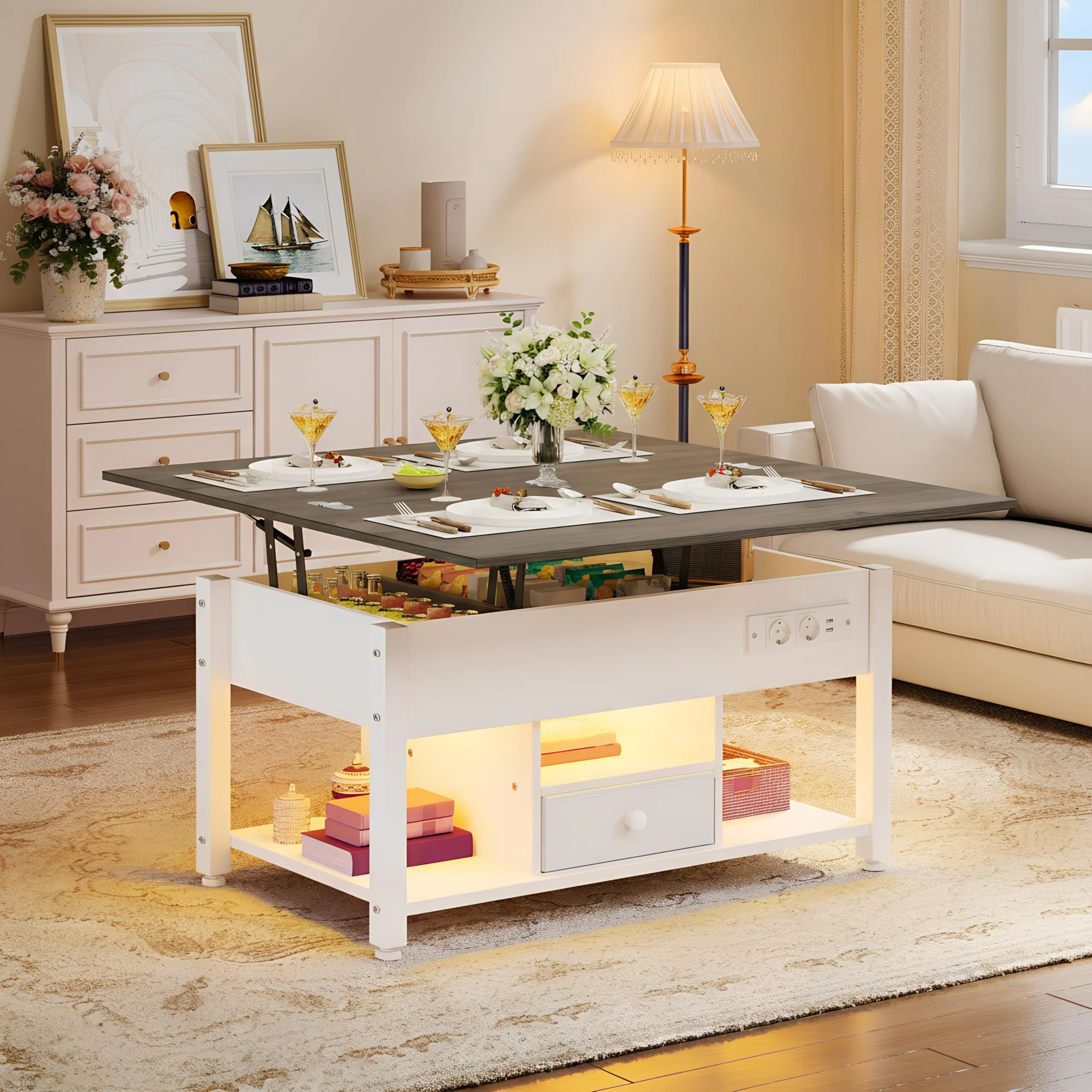 YITAHOME Coffee Table with Height-Adjustable, 4-in-1 Multifunctional Coffee Table with Storage Space and LED Lighting, Coffee Table Converts into a Dining Table for the Living Room, Vintage Brown