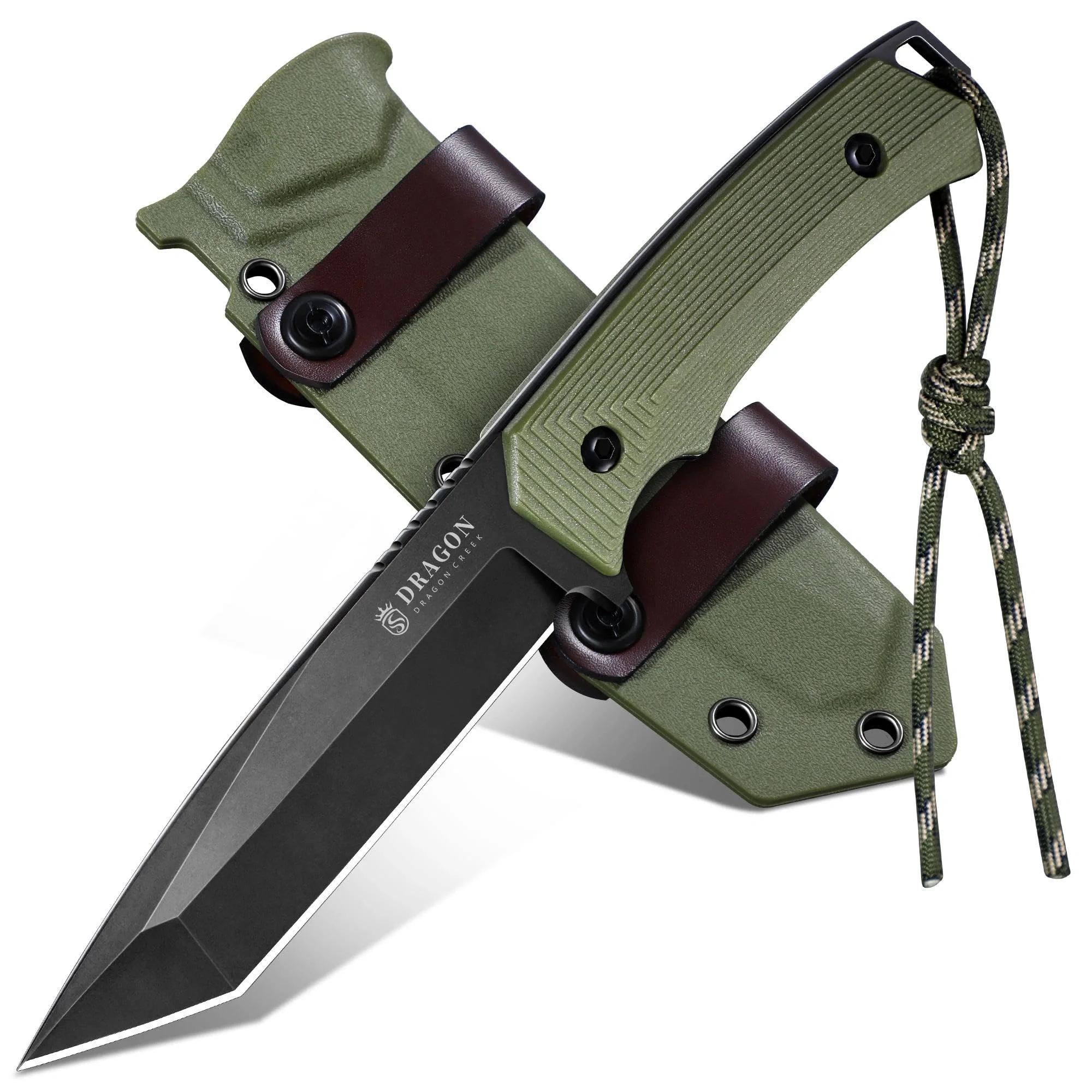 Dragon Creek Outdoor Messer feststehend-Tanto-Klinge,Ergonomischer Griff,Kydex-Scheide-Bushcraft Survival Einsatzmesser für Camping & Trekking(Grün)