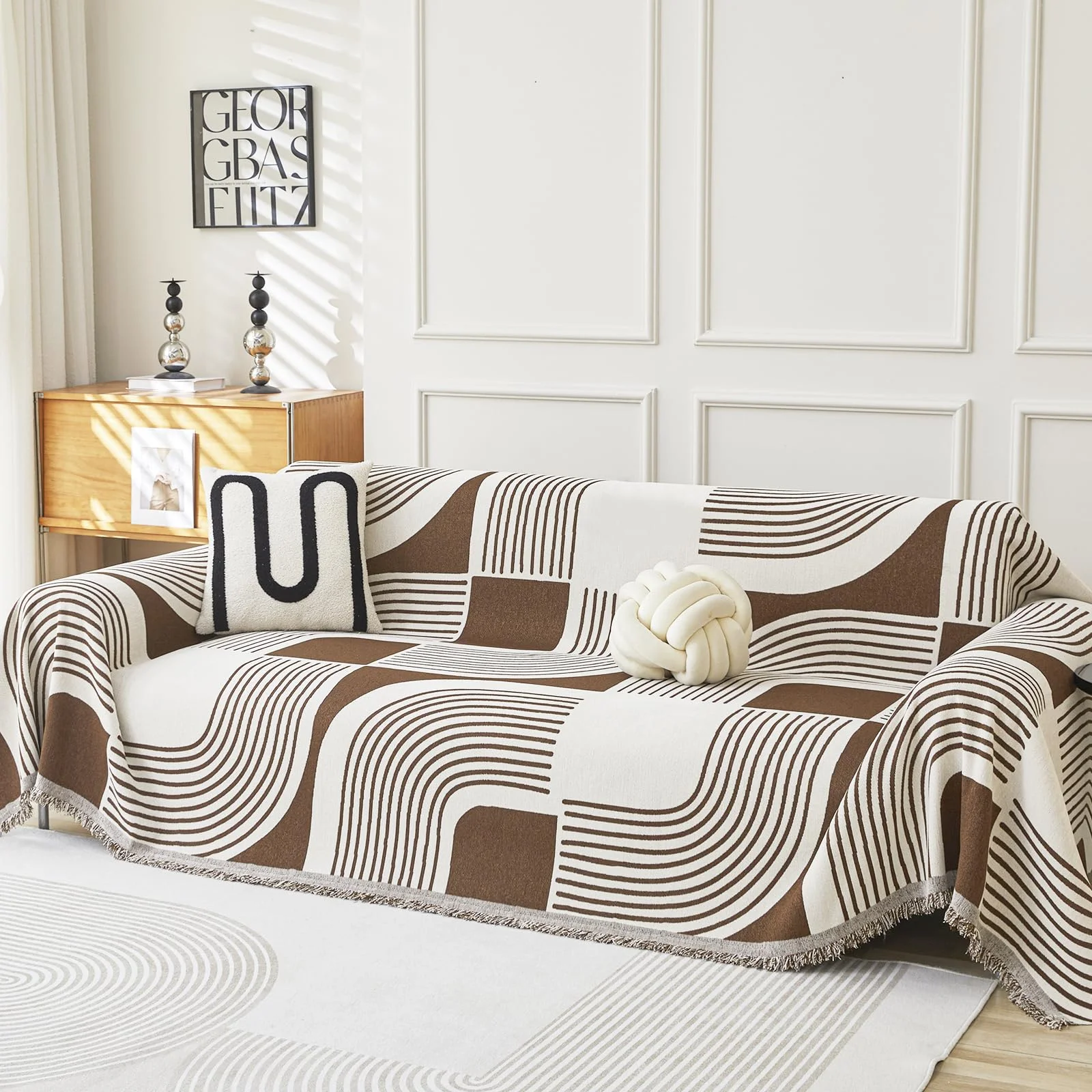 WEYOND Boho Chenille Sofa Überzug & Couch Überwurf, Sofa Cover & Sofa Überwurfdecke, Sofaschoner Hund & Sofaschutz Katze, Sofabezug oder Sofahusse für 1/2/3/4 Sitzer (230 x 380 cm, Kaffee)