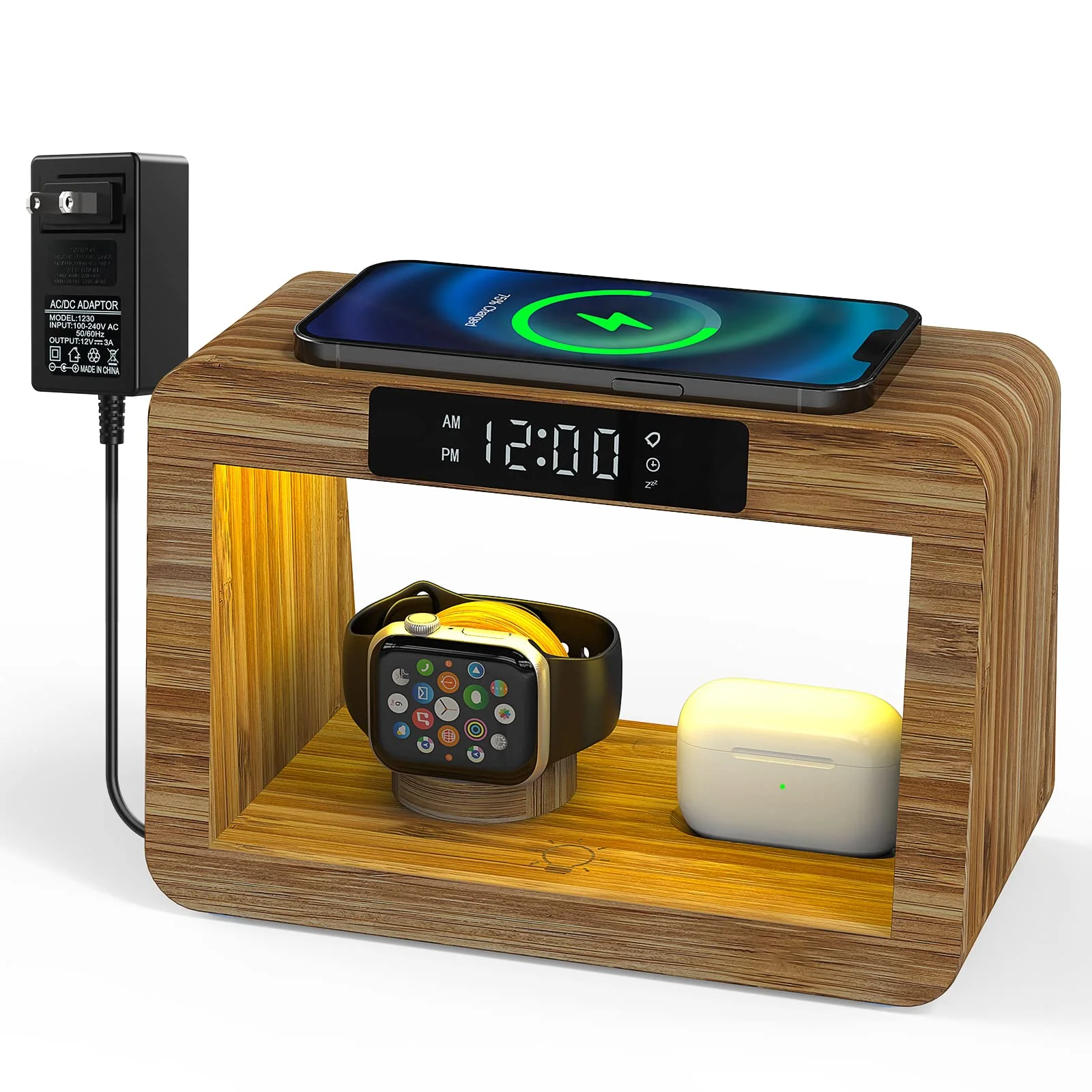 Kabellose 5-in-1-Ladestation, schnelles kabelloses Ladegerät mit digitalem Wecker und Nachtlicht, Bambus-Ladestation, kompatibel für iPhone/Apple Watches/AirPods/Samsumg Galaxy & mehr