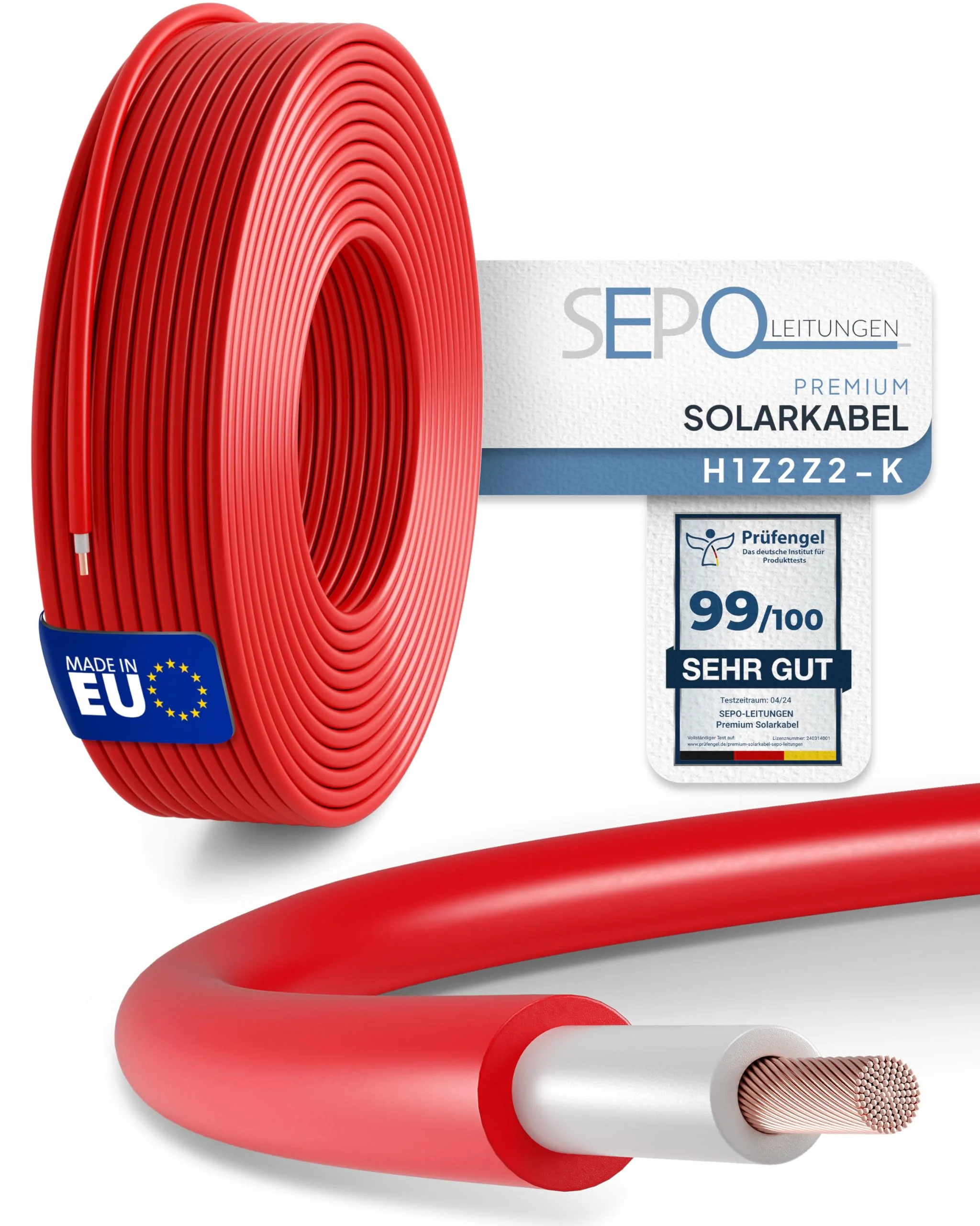 SEPO-Leitungen Solarkabel 6mm² 100m – Solarleitung H1Z2Z2-K - Made in EU - Doppelt isoliert für Photovoltaik-Systeme – inkl. 0% MwSt. gem. § 12 Abs. 3 UStG (Rot - 100 Meter)