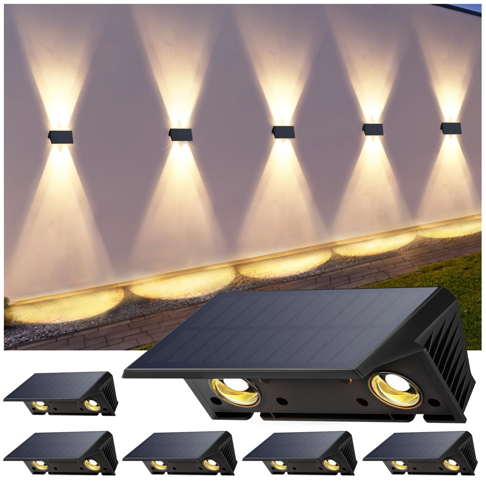 IIRARA Solar Wandleuchte Aussen, Solarlampen für Außen Nach Oben und Unten Beleuchtet, 4 LEDs, Wasserdichte Außenwandleuchten für Garten Balkon Terrasse Treppen solarleuchte Warmweiß 6er