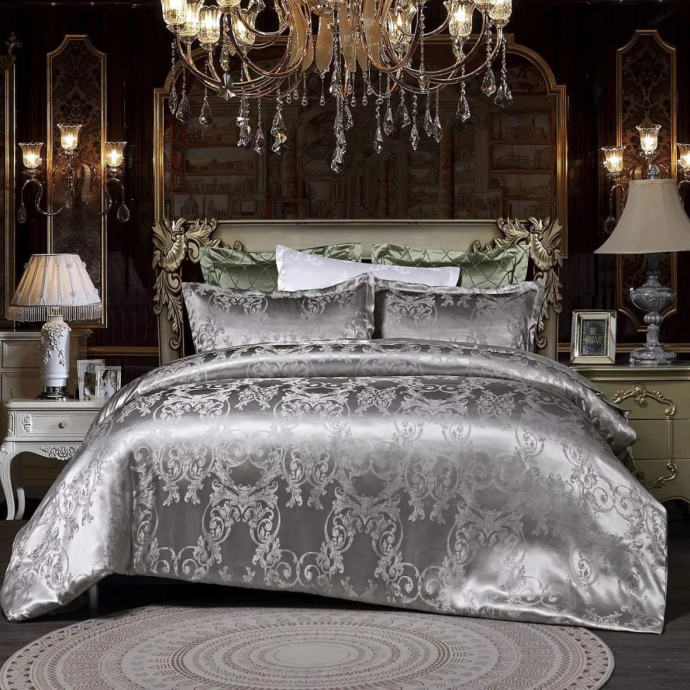 DXHOME Bettwäsche Satin 155x220 cm 3teilig Jacquard Silber Wendebettwäsche mit Dunkelgrün Blumen Romantisch Muster Reissverschluss Microfaser Seide Graue Bettbezug Muster Paare Set Ornamente