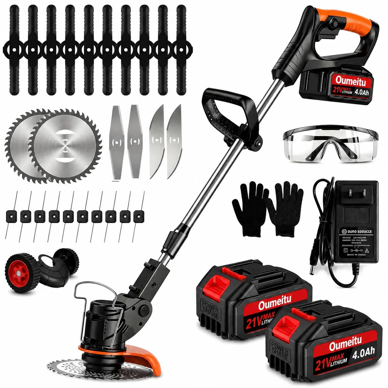 21V Akku Rasentrimmer, 2 x4,0Ah Akku und Ladegerät, 2 in 1 Elektrischer Freischneider/Rasentrimmer mit Akku, Leichter Rasenkantenschneider mit, 5 Messerarten für Rasen, Garten