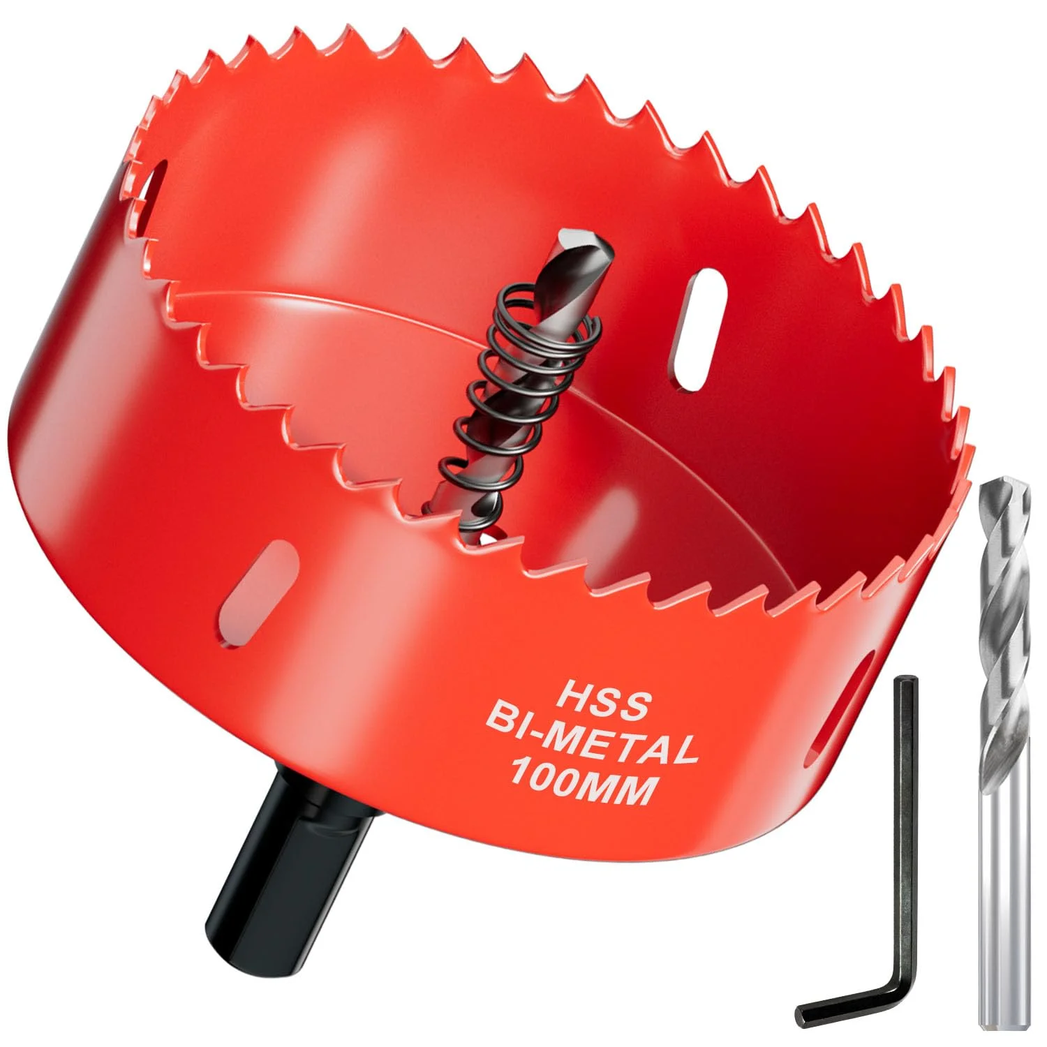 Lochsäge Bohrkrone 100mm aus HSS Bimetall - Hochleistungs Lochfräse und Lochkreissäge mit Dreieckgriffadapter und Zentrierbohrer für Holz, Kunststoffe, Metall, Trockenbauwände, Rigips und Kaminrohre