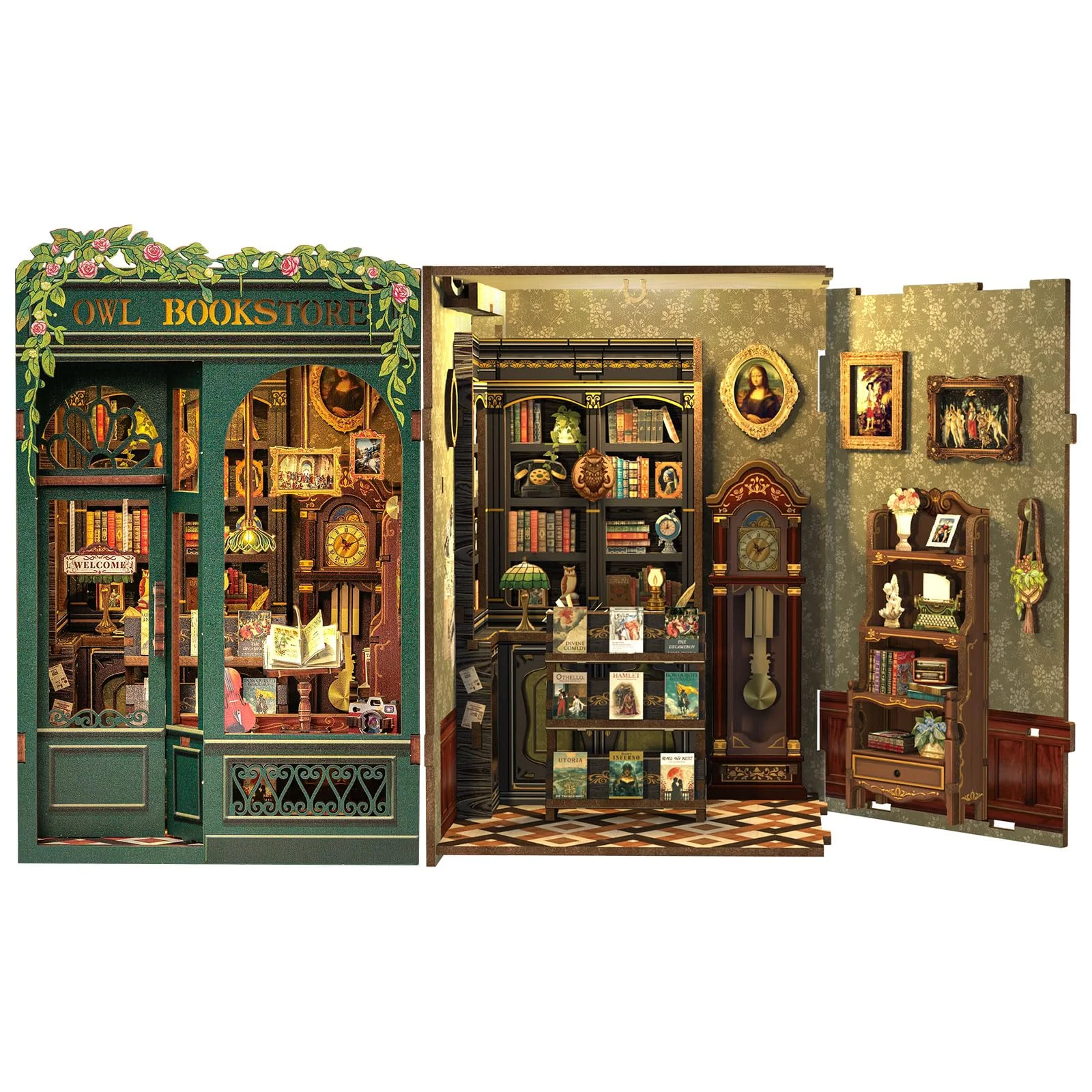 Book Nook Owl Bookstore Bibliothek - Booknook DIY Bausatz mit LED Licht für Bücherregal - 3D Miniatur Geschenk für Weihnachten an Bücherliebhaber, DIY Puppenhaus Häuser