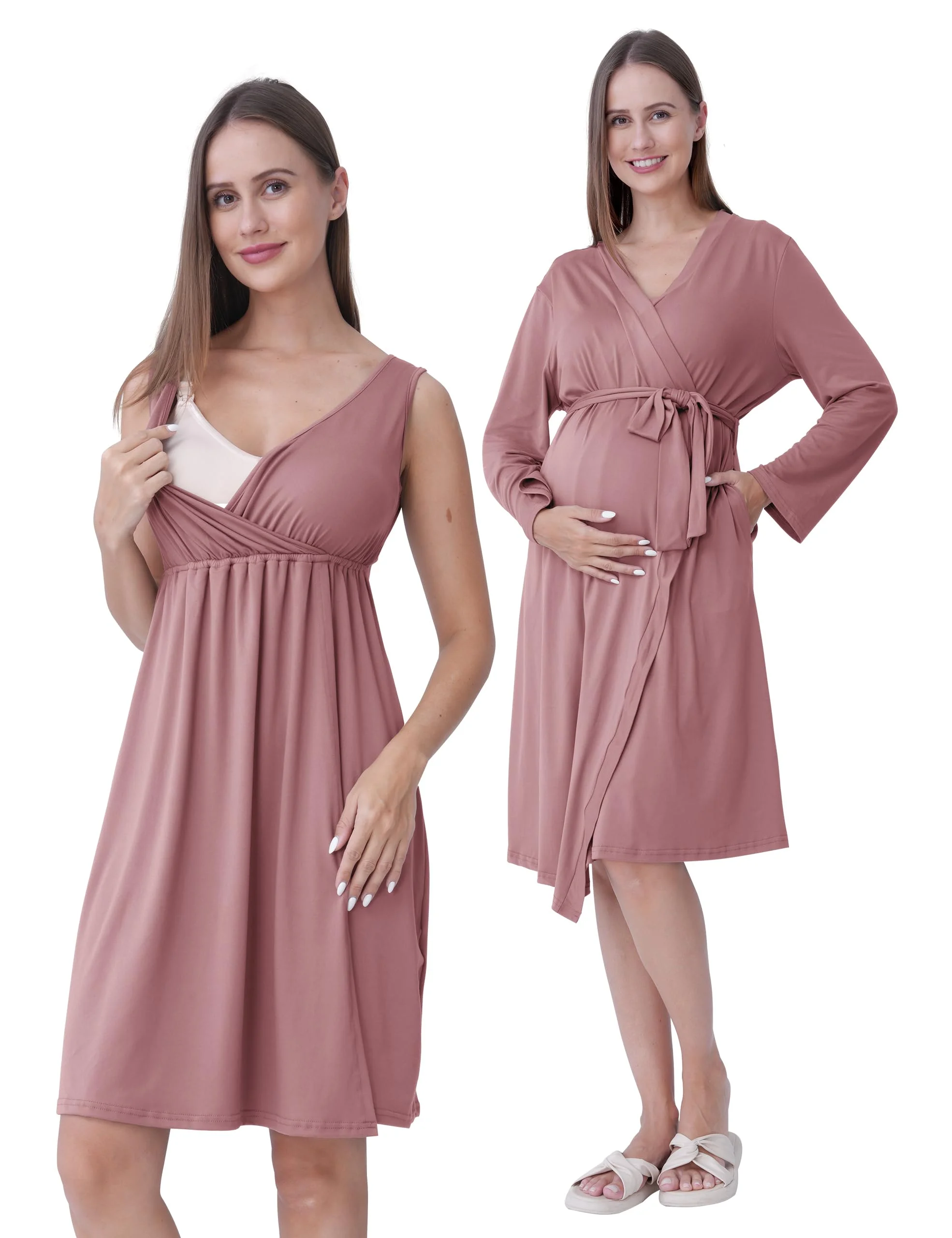 SUNNYBUY Umstands- und Stillnachthemd mit Morgenmantel 2-teilig | 3-in-1 Schwangerschafts Nachtkleid Set für Geburt, Wochenbett & Stillzeit, Krankenhaus Nachtwäsche