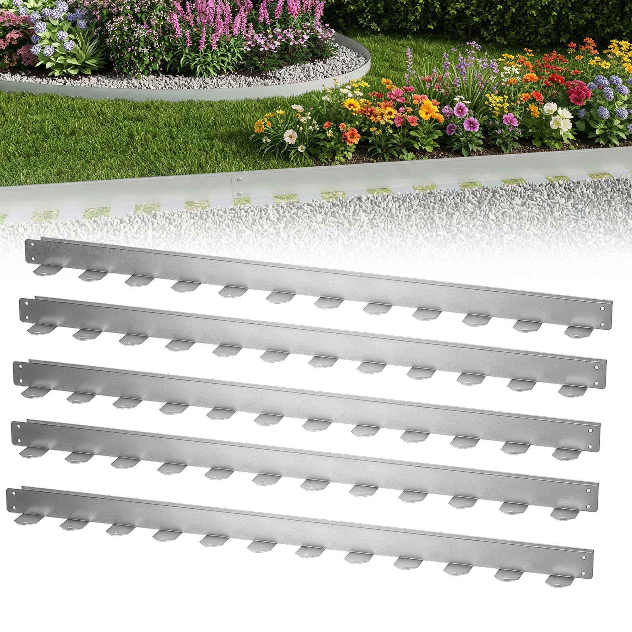 XMTECH Beeteinfassung, Rasenkante aus verzinktem Stahl, Flexible Beetumrandung & Mähkante Metall, wetterfest für Garten, Rasen und Wege