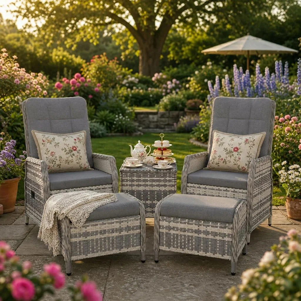 Gotland Rattan Gartenmöbel Set Lounge Möbel Outdoor, Verstellbares 2-Sitzer Terrassen/Balkon möbel Set mit 118° Rückenlehne & Fußhocker, Hochwertige Polster & Glastisch, Gartengarnitur Wetterfest