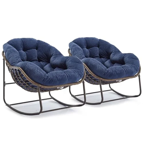 Villeston Outdoor Patio Schaukelstühle, Überdimensionierter Papasan-Schaukelstuhl für Innen mit Gepolstertem Kissen - Ei-Schaukelstuhl für Wohnzimmer, Veranda, Garten, Terrasse, Hinterhof
