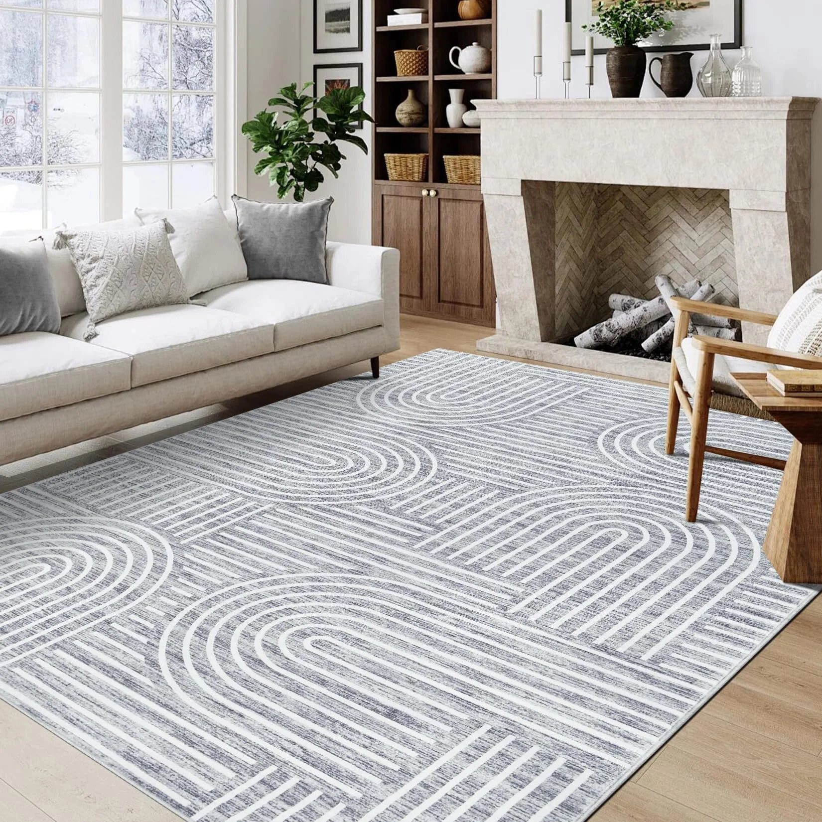 LuxFocus Großer Wohnzimmer-Teppich 200x290 cm, Rutschfester Kurzflor mit geometrischem Linien-Design, modernes strukturiertes Muster für Esszimmer & Lounge, Grau