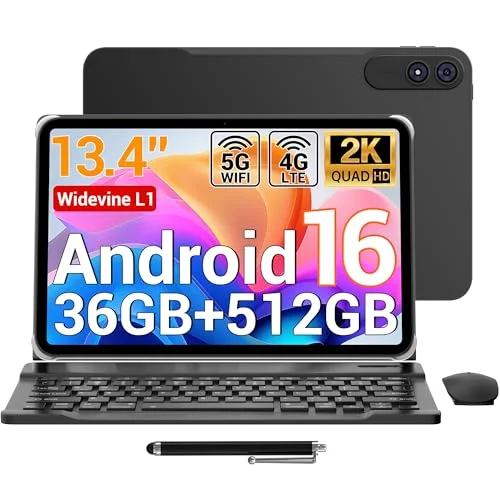LORDWIT Tablet 13,4 Zoll Android 16, 120Hz Display, 36GB RAM + 512GB ROM/1TB TF, 4G LTE Dual SIM, 2.2GHz Gaming, 5G WiFi, Widevine L1/GPS/11580mAh/13MP, inkl. Tastatur/Hülle/Stift/Maus/Kopfhörer/OTG