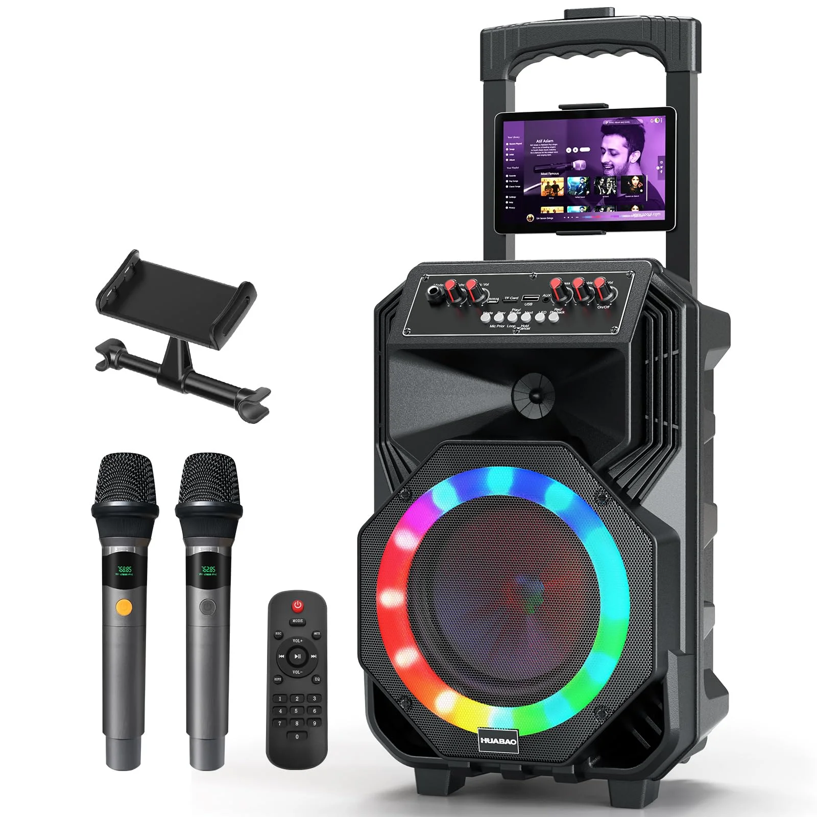 HUABAO Karaoke-Maschine mit 2 drahtlosen Mikrofonen, rollenden Rädern und Trolley - 8800mAh tragbarer Bluetooth-Lautsprecher, PA-System mit Lichtern, einstellbarem Bass/Treble/Echo für Partys, drinnen