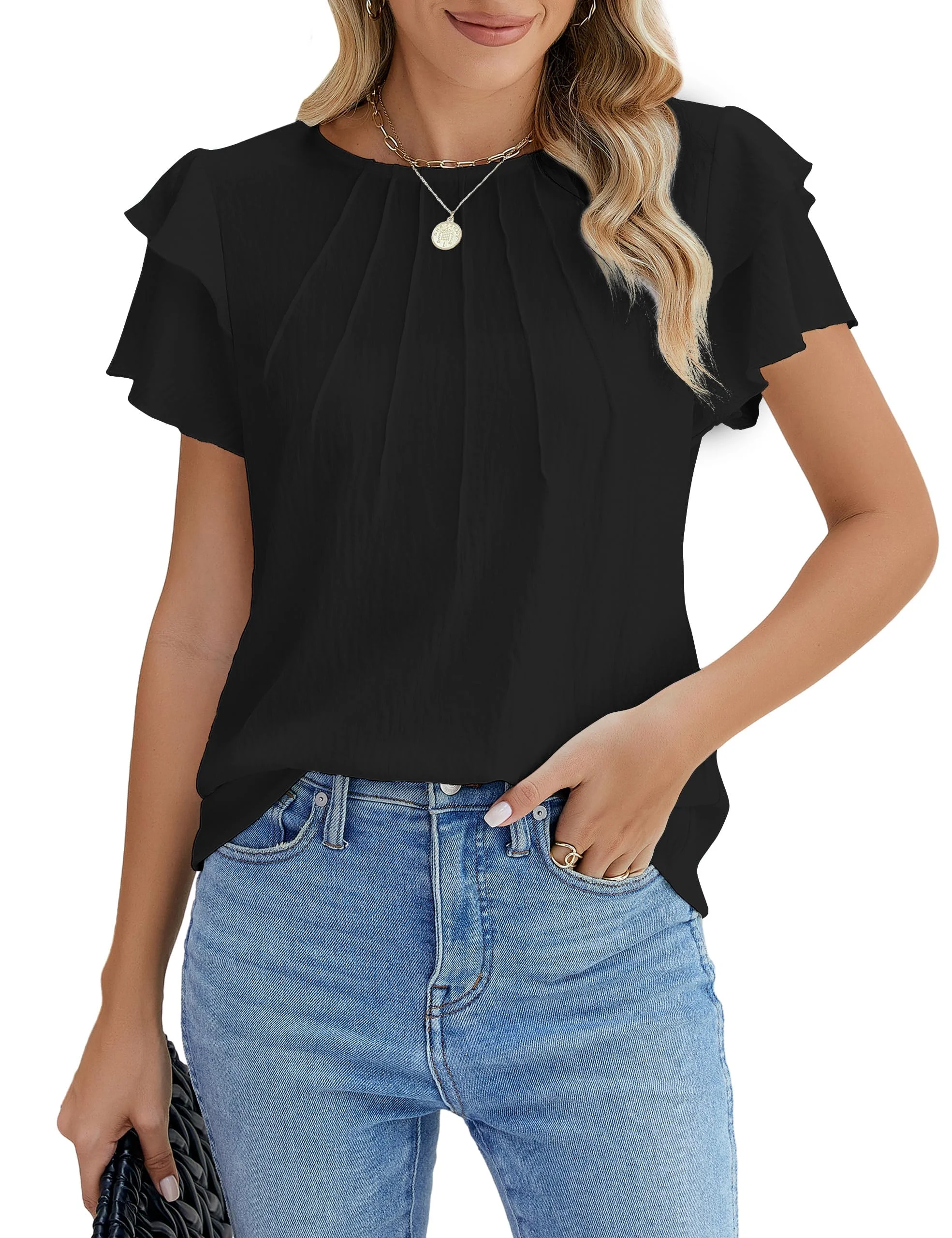 BUNSLOOM Oberteile Damen Elegant Rundhals Lässige Blusen Sommer T Shirt Chiffon Bluse Kurzer Rüschenärmel Tunika Tops
