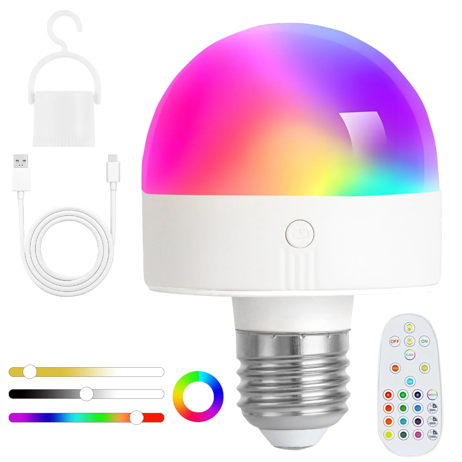 Fynokst Wiederaufladbare Glühbirne mit Fernbedienung, E27 Dimmbare RGB Farben LED Glühbirne mit Batterie, 6W Touch Control Akku Glühbirne Mit Timing-funktion, mit 3 Farbtemperaturen + 12 RGB 1 Pack