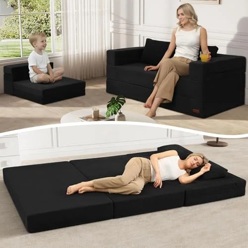 MeMoreCool Boneless Futon-Schlafsofa, faltbares Bodensofa mit Kissen, klappbares Cord-Schlafsofa, ausklappbares Zweisitzer-Sofa für Wohnzimmer und kleine Räume