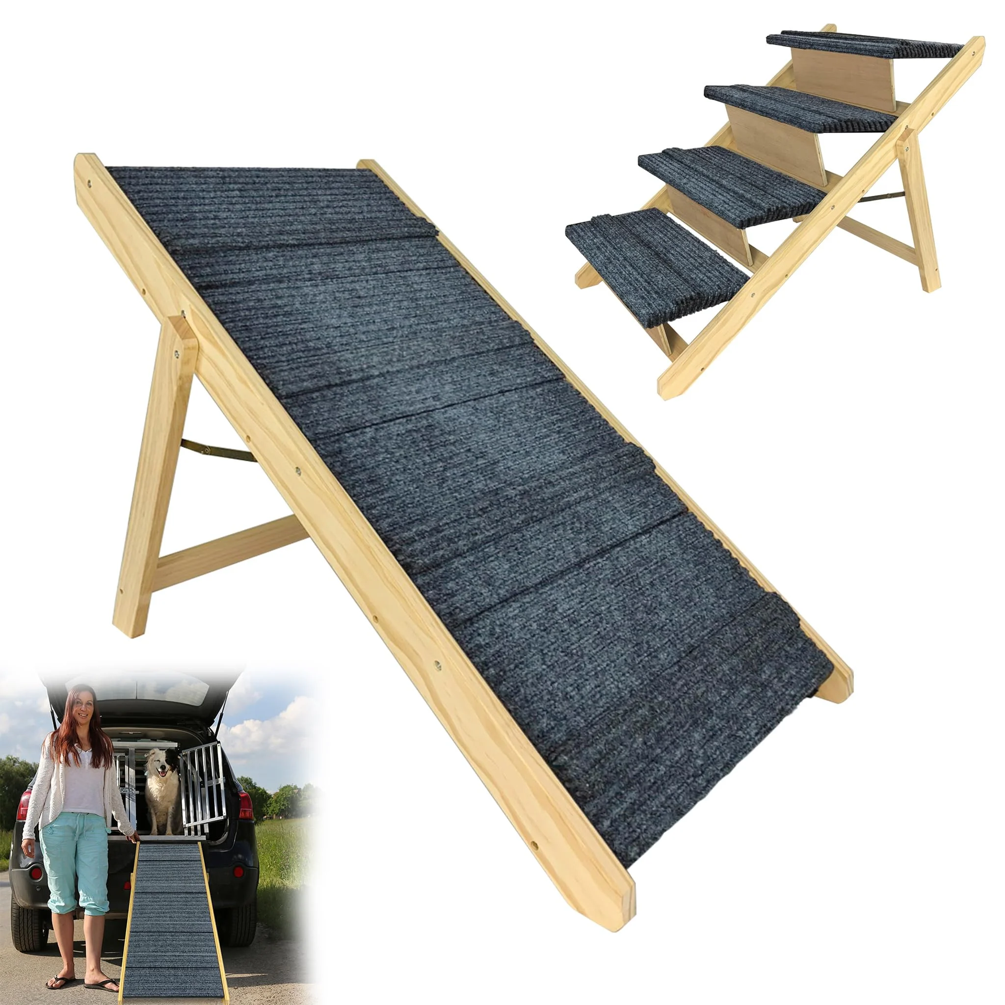 YRHome 2-in1 Klappbar Hunderampe Auto aus Holz Hundetreppe für große Katzen und Hunde Haustiertreppe rutschfest Hundeeinstiegshilfe für Bett Sofa oder Auto Tierrampe 100x47x63cm bis 100kg
