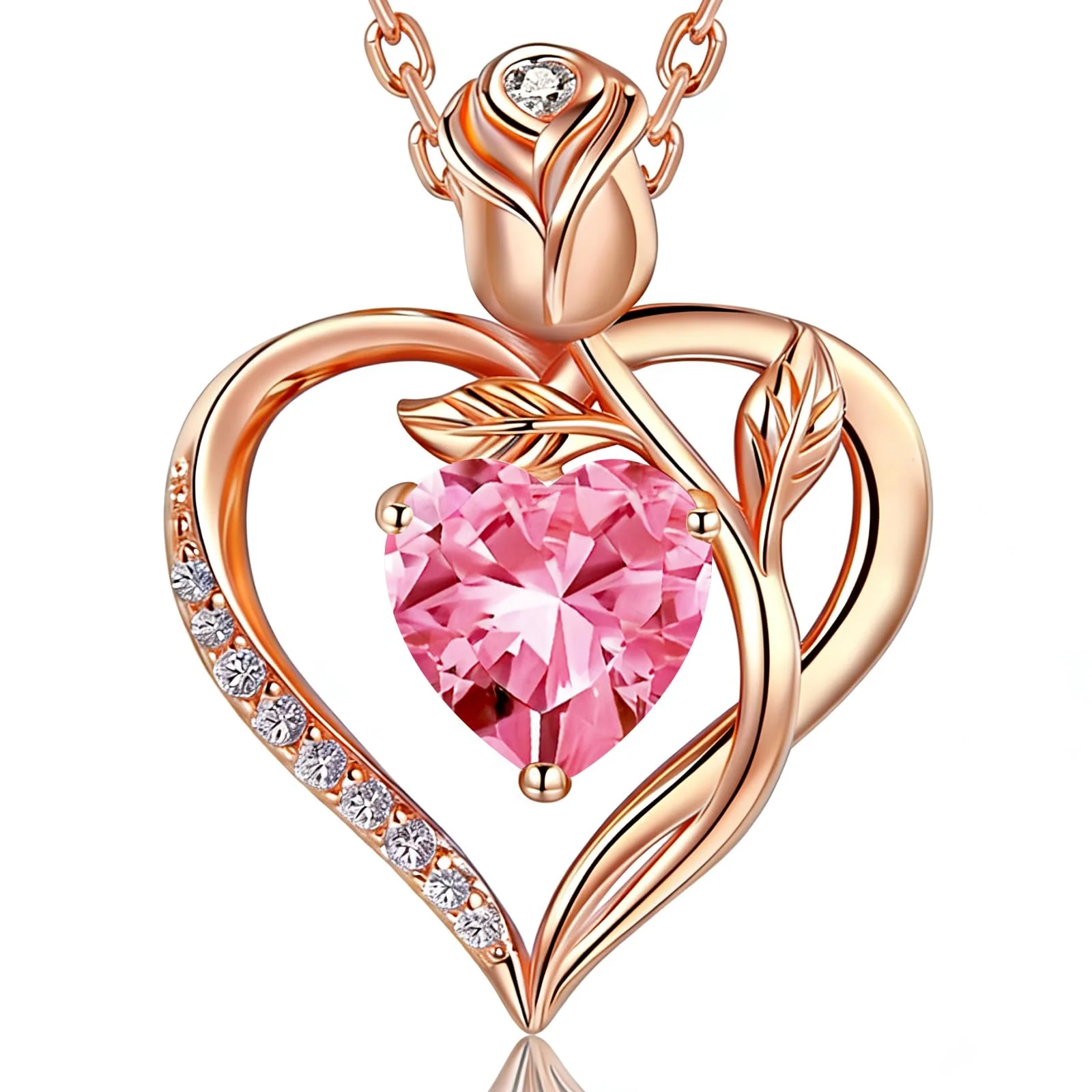 JACUPO Halskette Herz Rosa 1,2 Karat Moissanit Saphir Rubi Smaragd Labor Geburtsstein Damen 925er Silber Gold 18K D VVS1 Geschenk Geburtstag Valentinstag Gravur I Love You