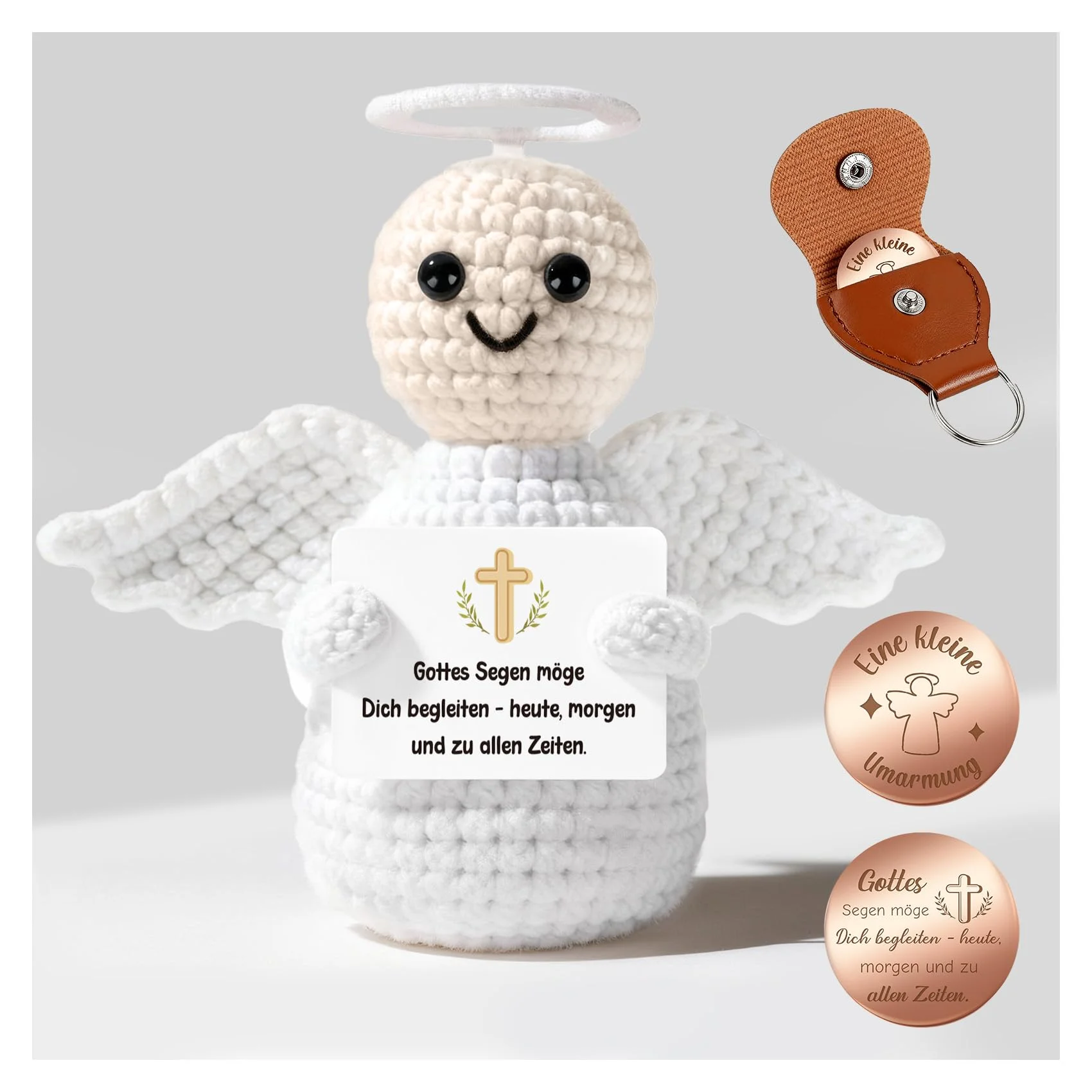 Giftota Pocket Hug Schutzengel - Handgehäkelte Schutzengel mit Glücksmünze & Lederetui - Kommunion, Konfirmation, Taufe Geschenke - Glücksbringer, Mutmacher, Gute Besserung Geschenk