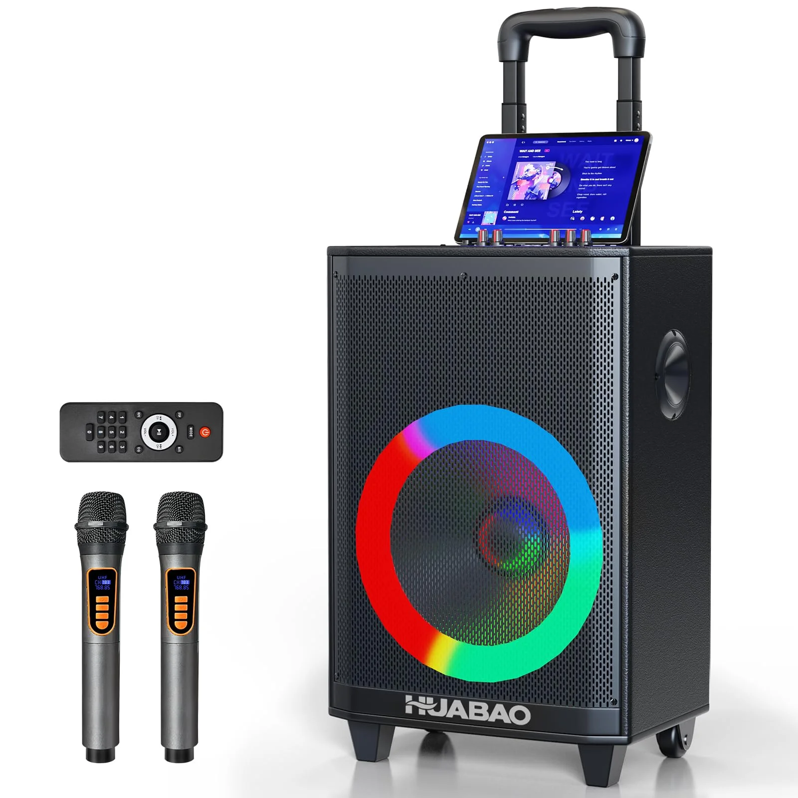 Großer Bluetooth-Karaoke-Lautsprecher mit 2 drahtlosen Mikrofonen, 11-Lautsprechersystem mit 8800-mAh-Akku, Trolley-PA-System mit Beleuchtung, Fernbedienung, FM/AUX/USB/TF, Bass- und Höhenregelung