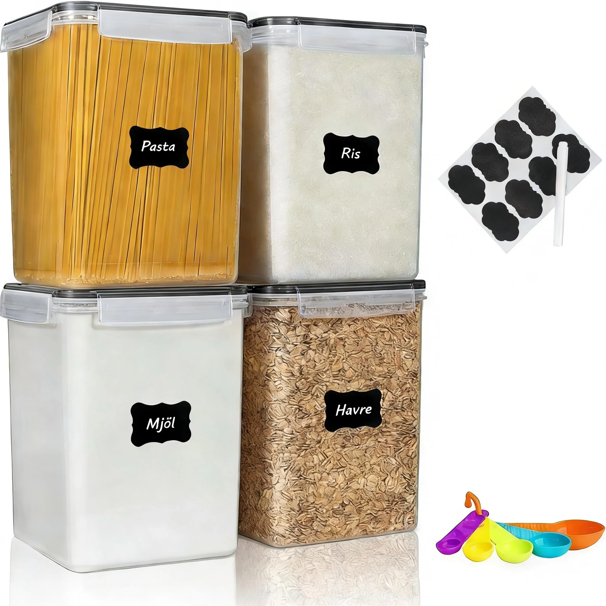 stusgo 4 Stück 5.2L / 175 oz Large Food Storage Container, BPA-Free Plastic Sealed Jars für Mehl, Zucker, Backzubehör, Reis, mit Deckeln, Messbechern und Etiketten, Schwarz