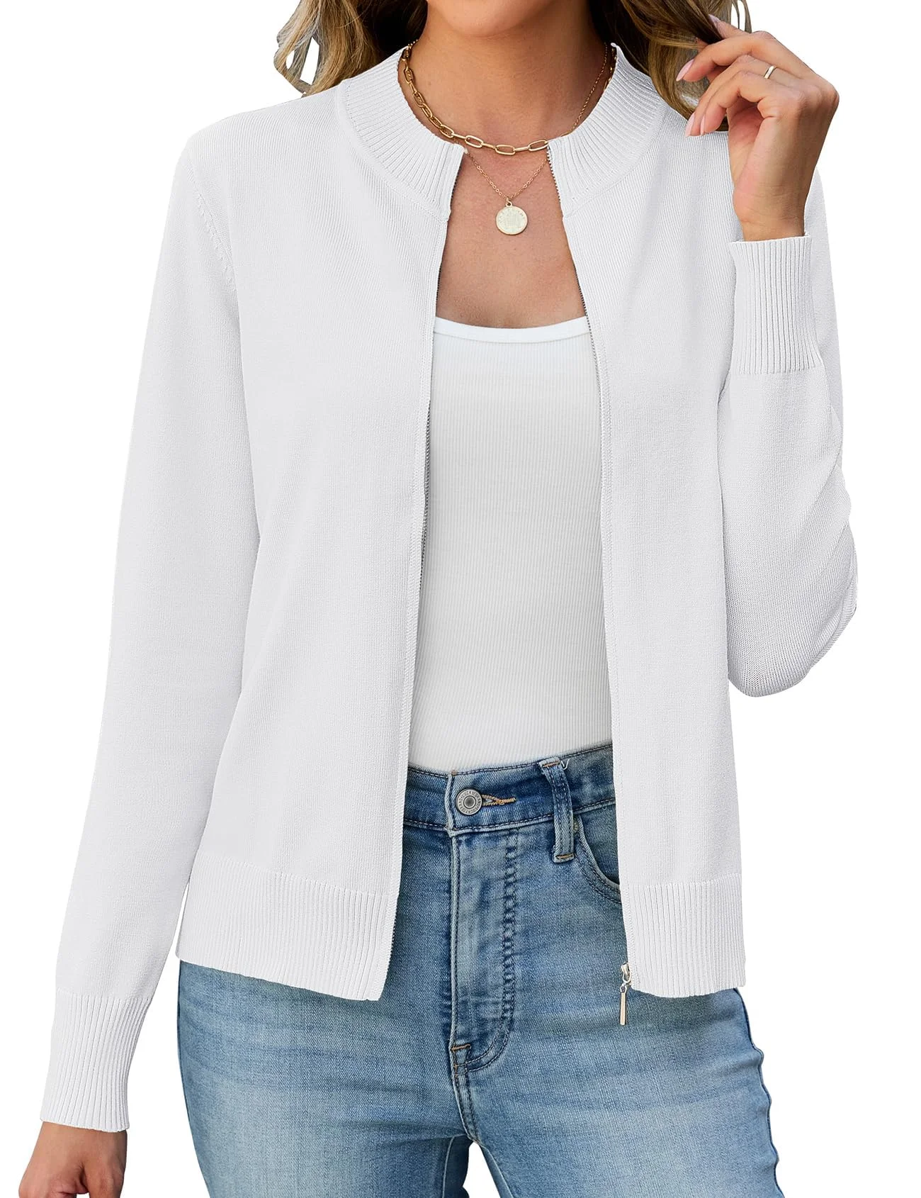 Enqoole Strickjacke Damen Kurz Reissverschluss Pullover Cardigan Langarm Stehkragen Leichte Trachtenjacke Strickmantel Freizeit Jacket Outerwear
