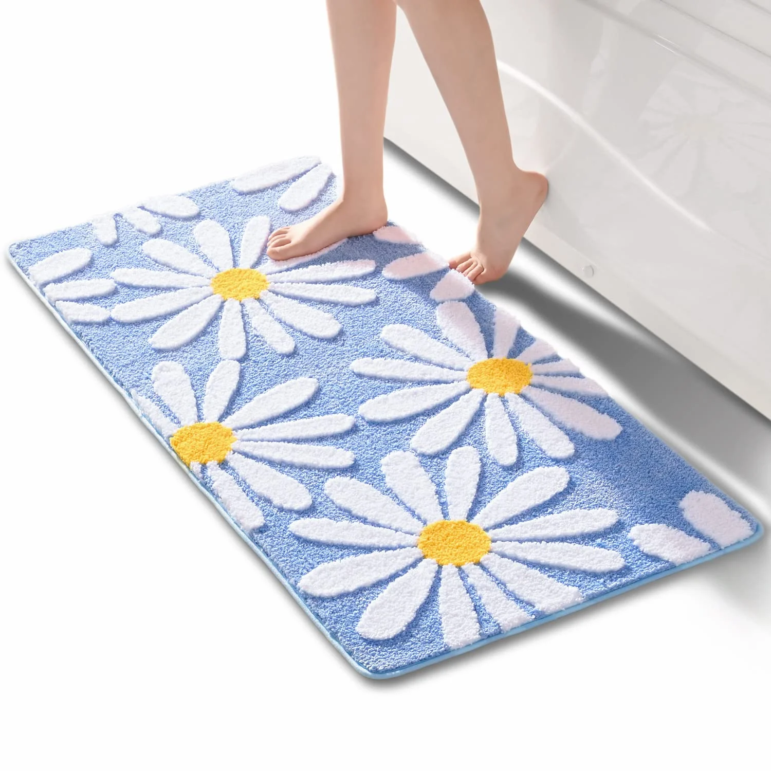 QJHOMO Blau Badezimmerteppich Niedliche Gänseblümchen Badematte rutschfest Waschbar Badteppich Weiße und Gelbe Blume Badvorleger Weiche Duschvorleger Absorbierende Badezimmer Teppich 60x120 cm