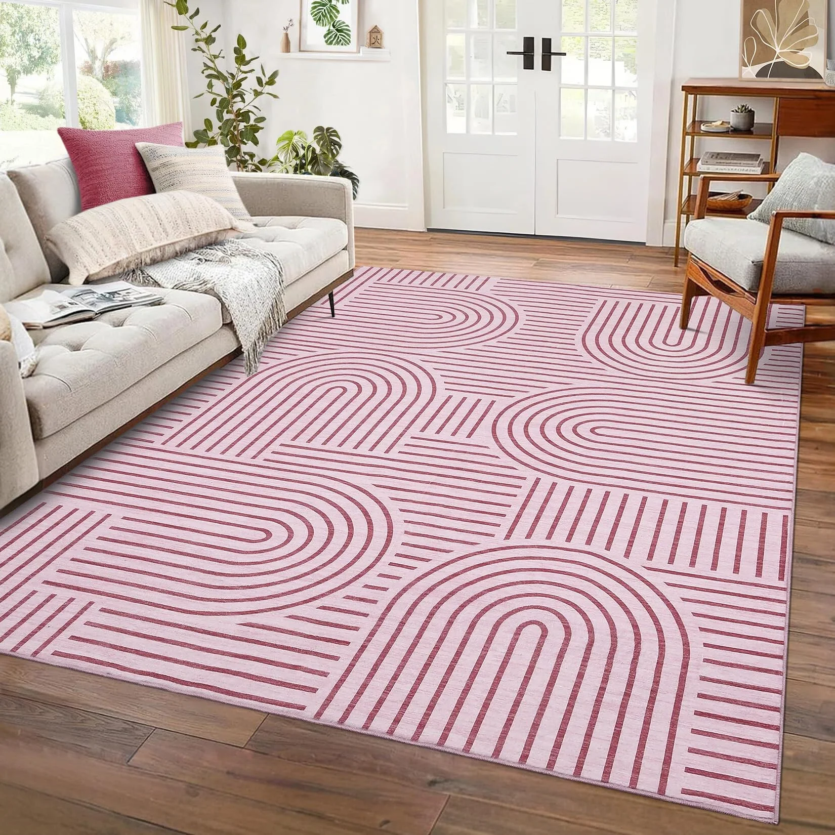LuxFocus Waschbarer Wohnzimmer-Teppich 160x230 cm, Faltbarer & Rutschfester Kurzflor mit fließender Linien-Optik, modernes minimalistisches Design, pflegeleicht, Rosa