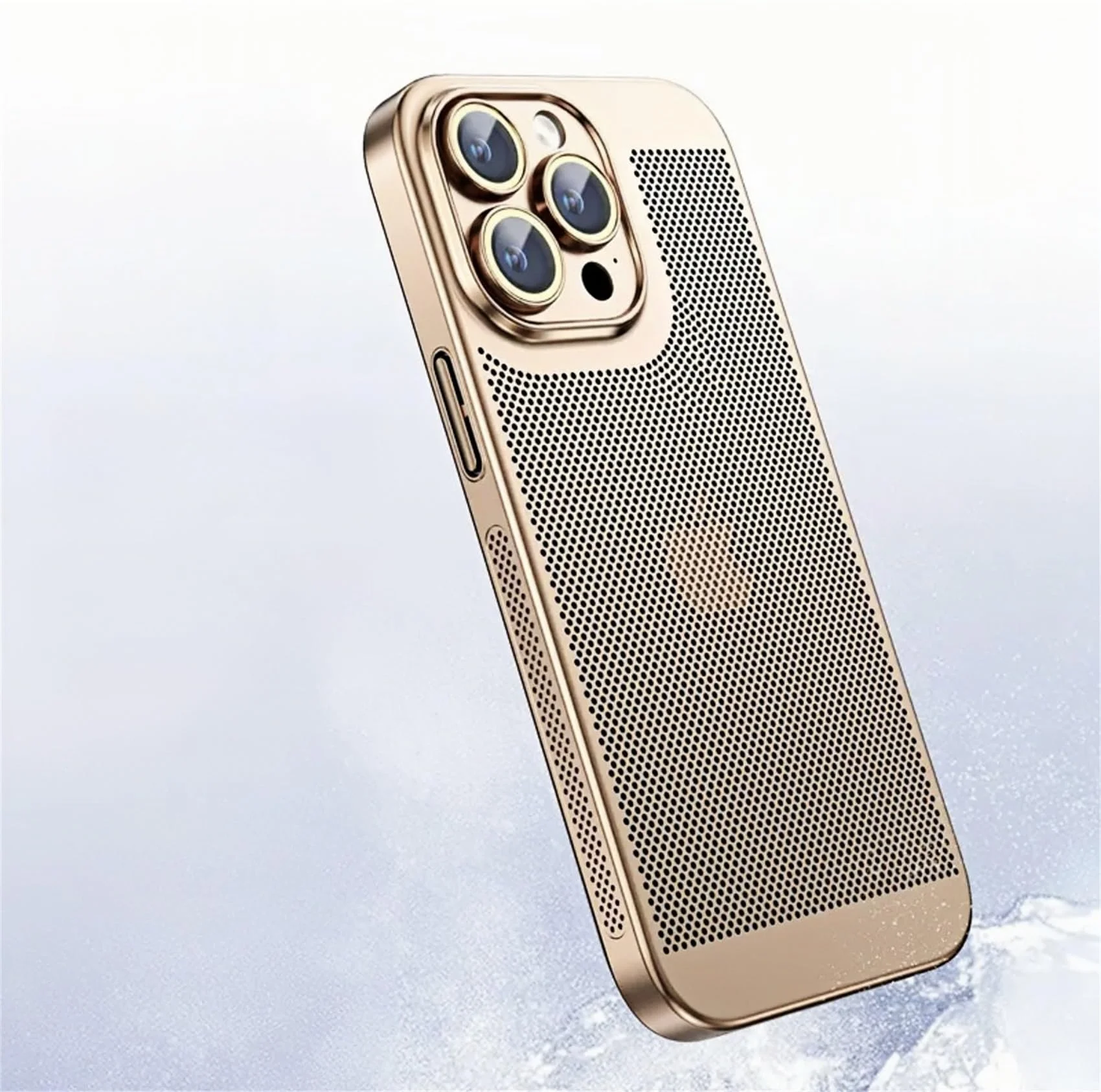 Tybiky Wärmeableitungs Hülle Kompatibel mit iPhone 14 Pro Galvanik Feine Lochschutz Handyhülle Ultradünne PC-Abdeckung Schutzhülle Neue Mattes Gefühl Kühlendes Atmungsaktives Case,Gold