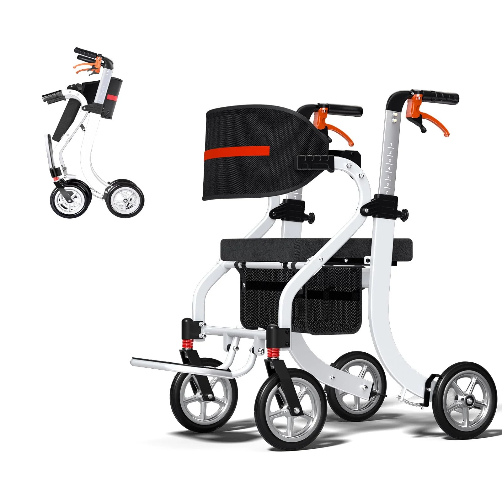 3-in-1 Aluminium Rollator Rollstuhl Faltbar und Leicht mit Sitz, Höhenverstellbar Gehhilfe, 9,3 kg Leichtgewicht Reiserollator Schmal für Wohnung, Rollatoren mit Aufbewahrungstasche (Weiß)