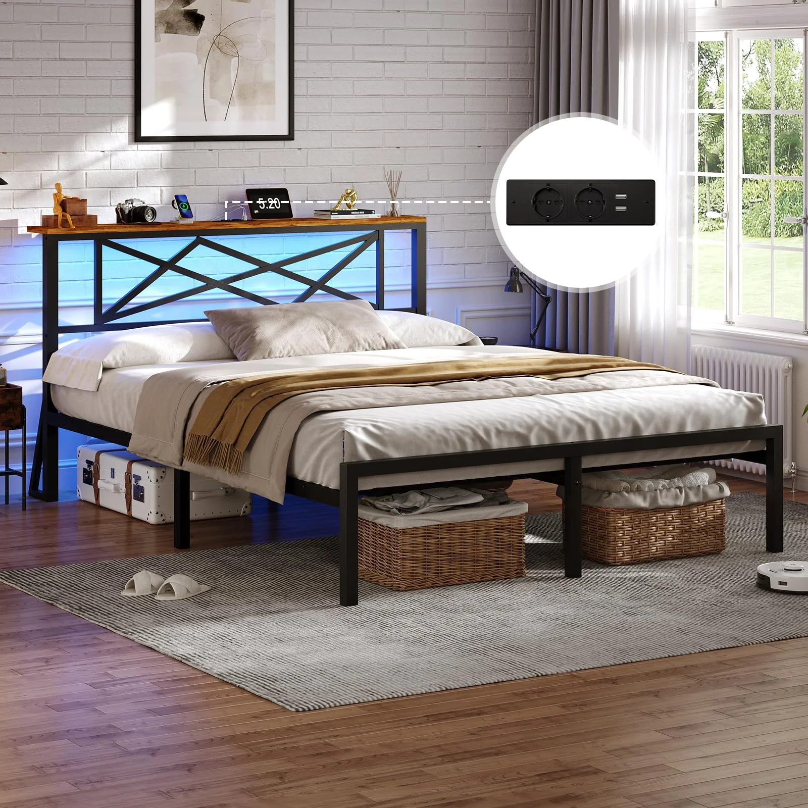 DICTAC Bett 140x200cm mit LED Beleuchtung, Bettgestell 140x200cm mit Steckdose und 2 USB-Ladefunktion, Metallbett mit Holzkopfteil Stauraum, Bettrahmen mit Stauraum unter dem Bett, Höche 32