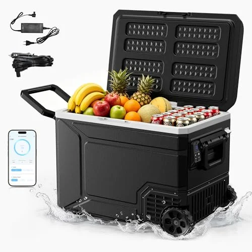 EUHOMY 64L Auto Kühlschrank mit APP-Steuerung, Kompressor Kühlbox 12V/24V & 220-240V, -20°C bis 20°C, Große Tragbare Kühlbox mit Rädern und Zuggriff für Camping, Angeln, Reisen und Outdoor
