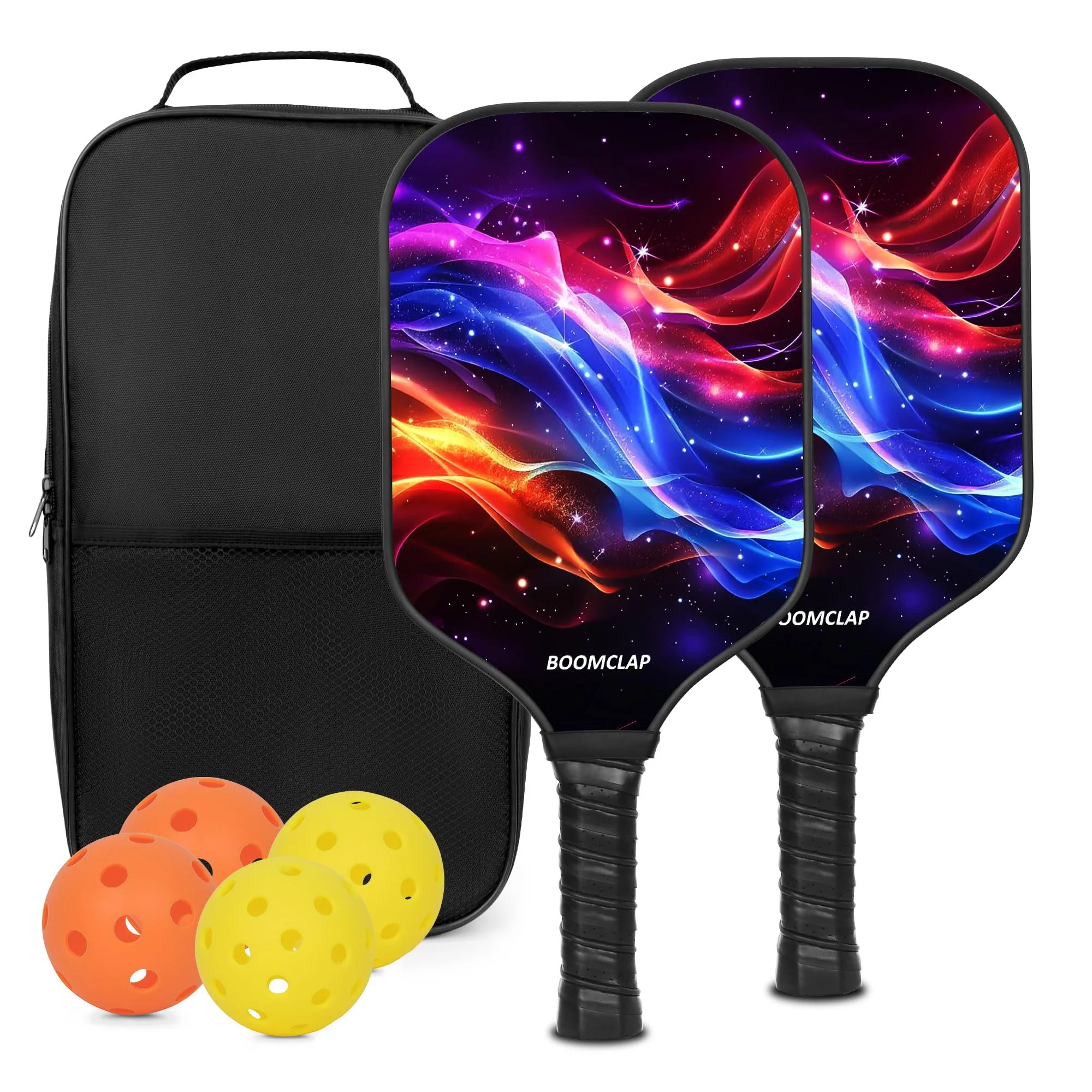 BOOMCLAP Pickleball-Paddel 2er-Set – Fiberglas-Oberfläche, komplett mit 2 Schlägern, 4 Bällen und tragbarer Tragetasche – ideal für Männer und Frauen