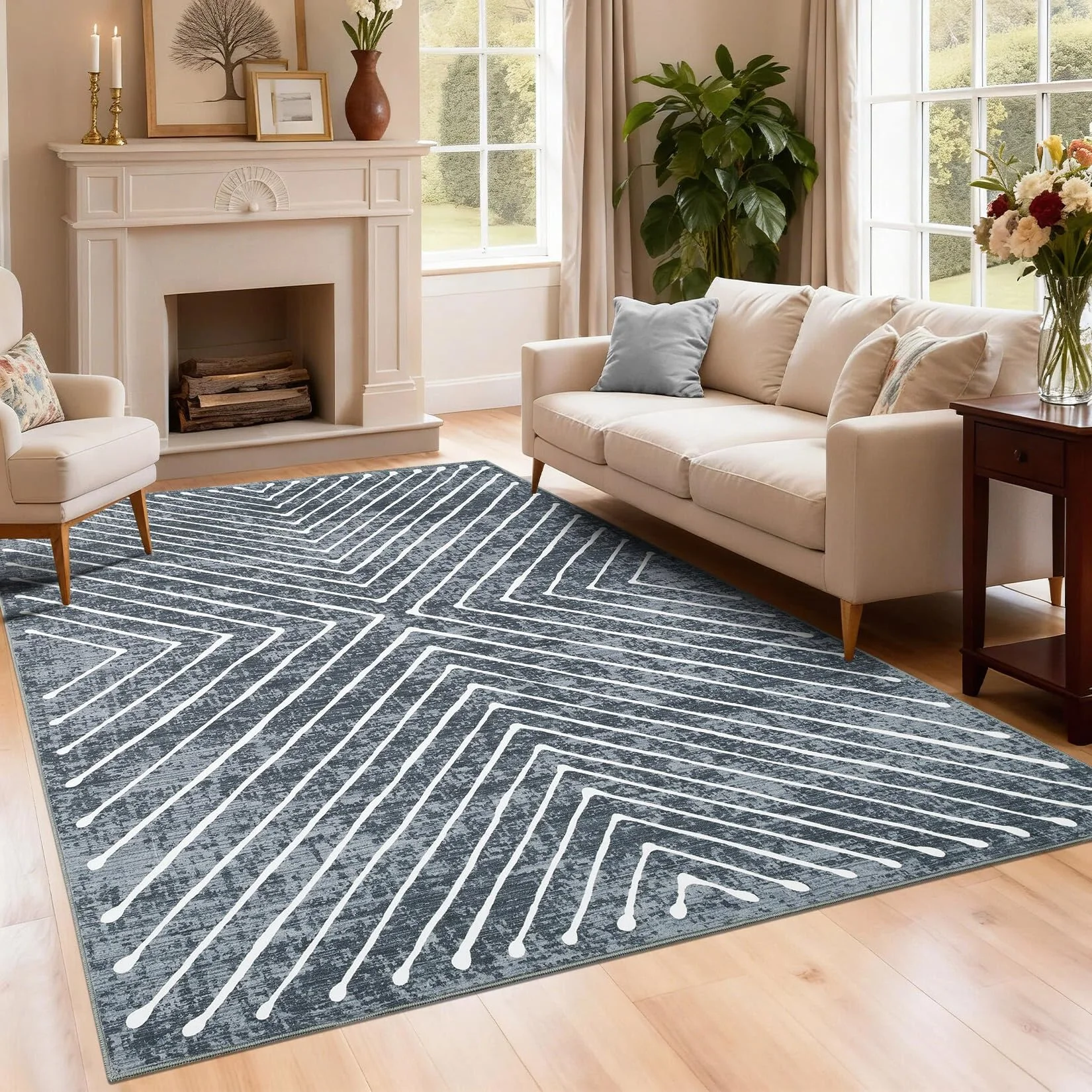 LuxFocus 140x200 cm Waschbarer Teppich Wohnzimmer, Moderne Geometrische Teppiche, Zeitgenössischer Gestreifter Schlafzimmerteppiche, Weicher Kurzflor-Teppich Für Kinderzimmer Office, Dunkelgrau