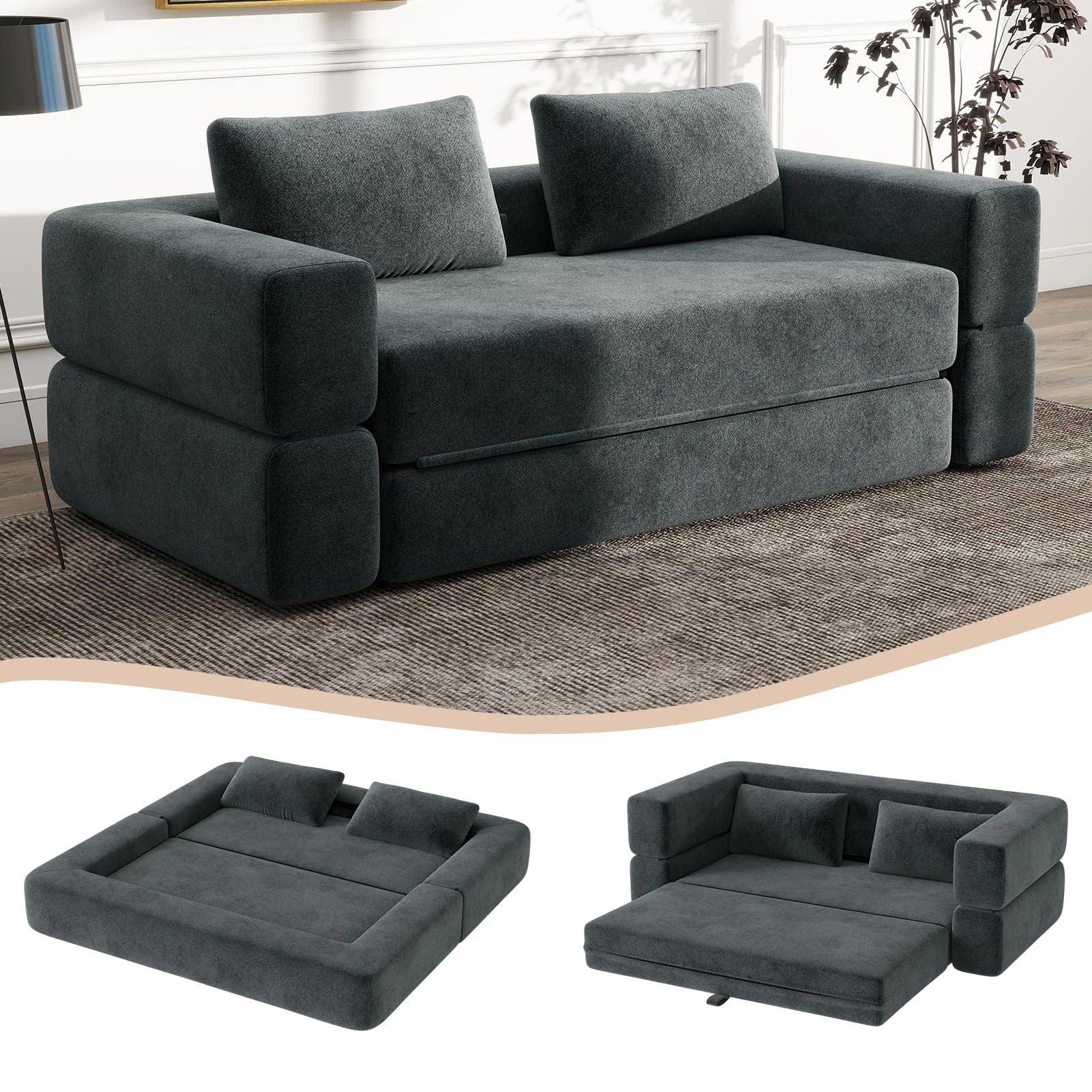HAUSPROFI 3 in 1 Boneless Couch, Bodensofa Bed, Klappbares Sofa mit Schlaffunktion 2 Sitzer Chenille Schlafsesse für Schlafzimmer, Wohnzimmer und kleine Räume (Dunkelgrau)
