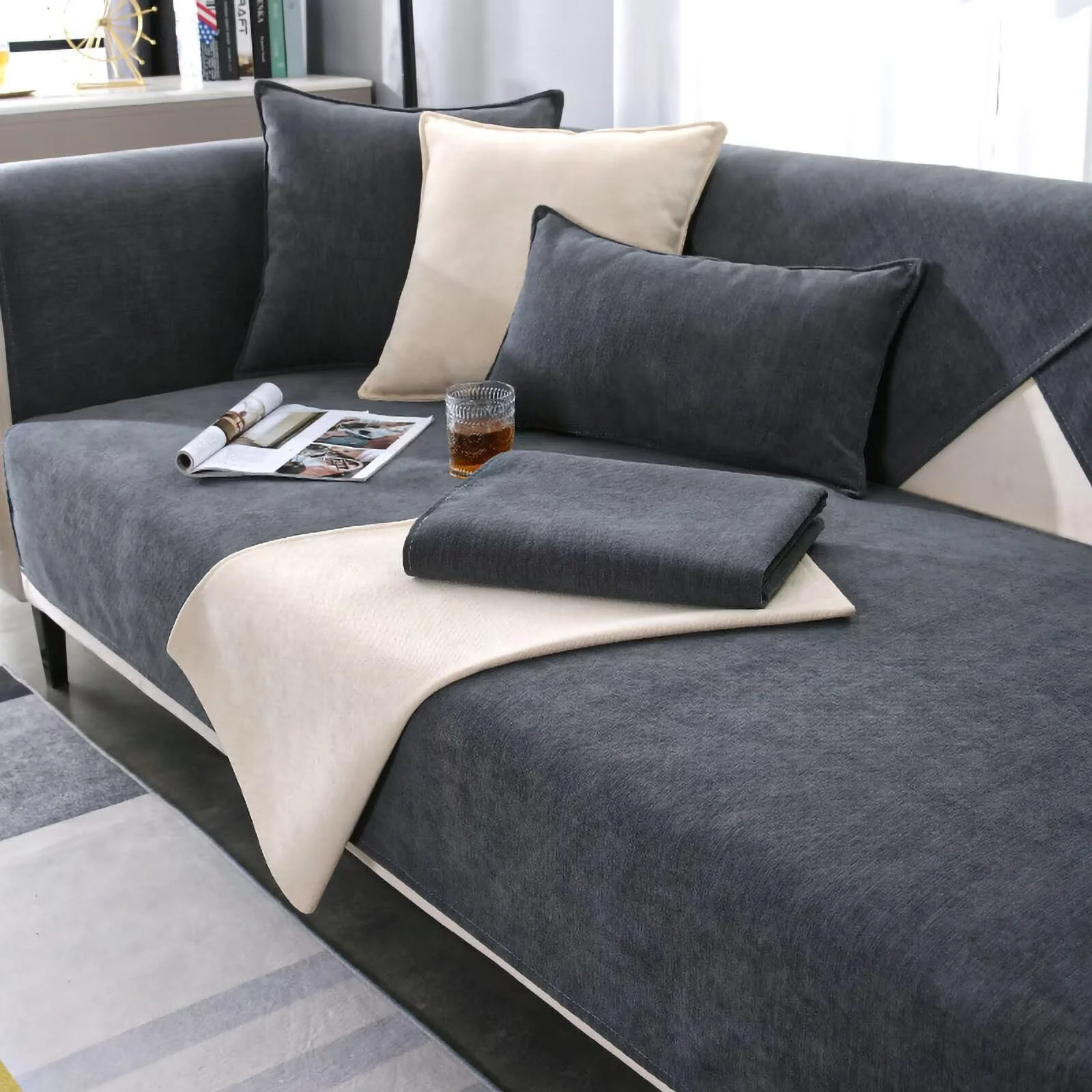 Sofa Überwurfdecke, Sofa Überzug, Sofabezug, Couchschoner, Überwurfdecken für Sofa, Hund Katze Sofa Überwurf, Couch Überzug L Form, Sofaschoner Rutschfest, Couch Bezüge, Dunkelgrau, 90*240CM
