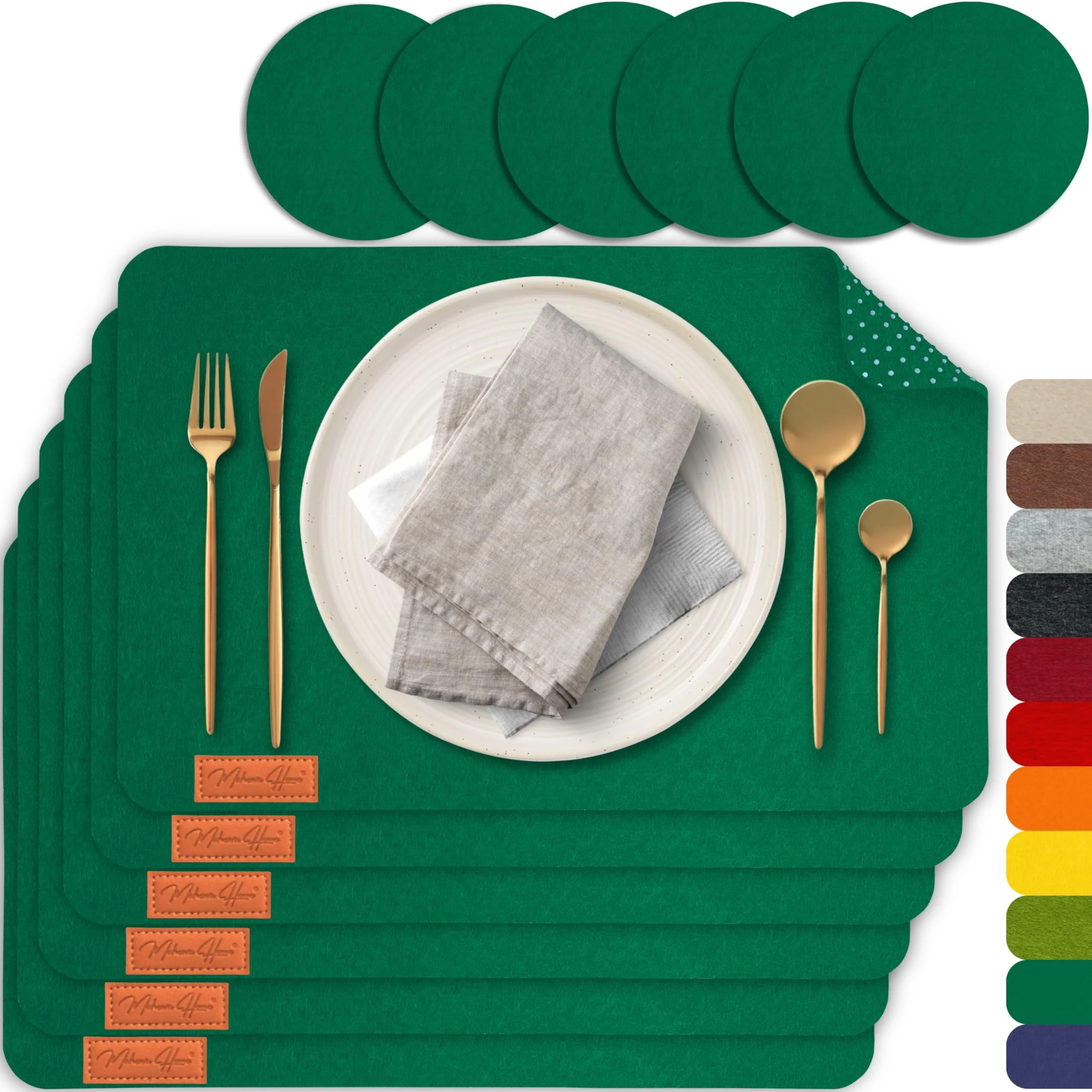 MAHEWA® 6er Set Premium Tischset Platzset aus Filz rutschfest Ab-waschbar und Waschmaschinenfest Eckige Platzdeckchen (Dunkelgrün, 6er Set)