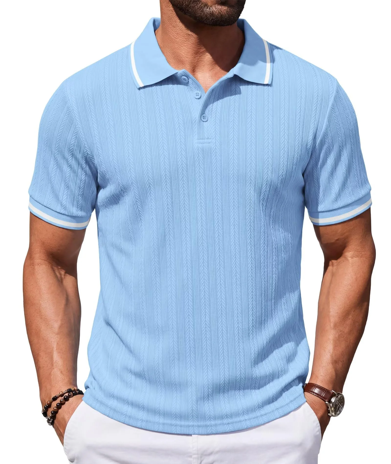 Elainone Poloshirts Herren Kurzarm Freizeit Strick Golf Shirt Sommer Vintage Klassisches Polohemd mit Kontrastkragen