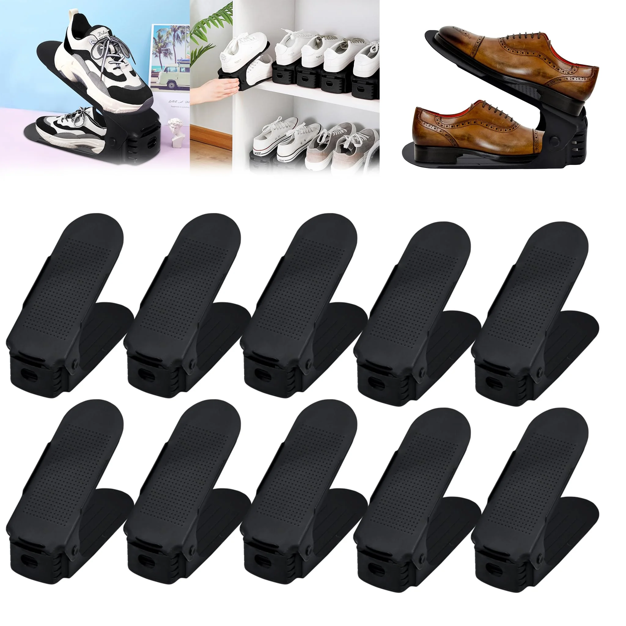 Suusolny 30 Stück Verstellbarer Schuhregal Schuhhalter Schuhstapler rutschfest 3 Höhenverstellbar Schuhorganizer Schuhaufbewahrung - Schwarz