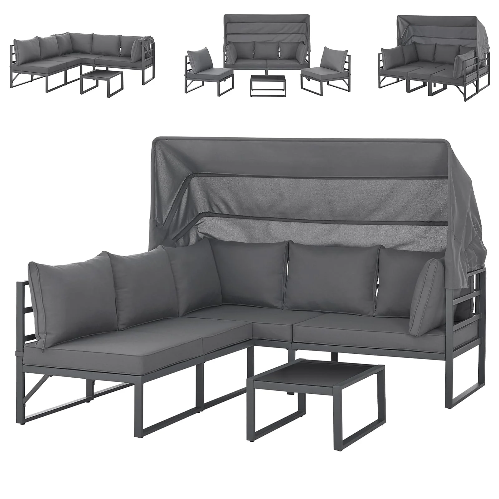 SVITA Maui Gartenmöbel-Lounge-Set mit Dach Outdoor-Sofa Strandkorb-Sonneninsel Stahl Grau