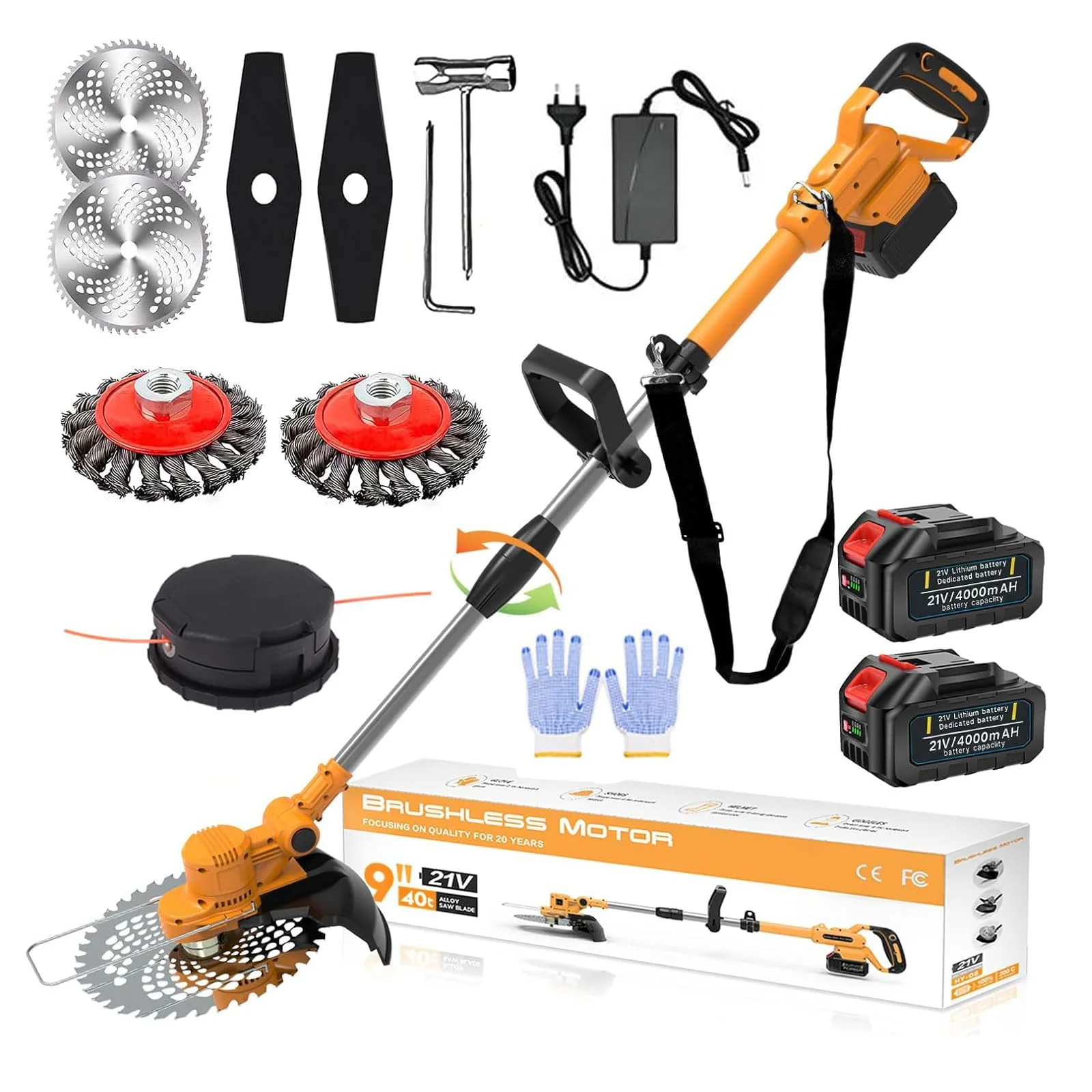 Rasentrimmer mit Akku, 4 in 1 Rasentrimmer mit Unkrautbürste 21V Bürstenloser Freischneider Akku, Teleskop, Verstellbarer, für Garden Trimmen, Orange