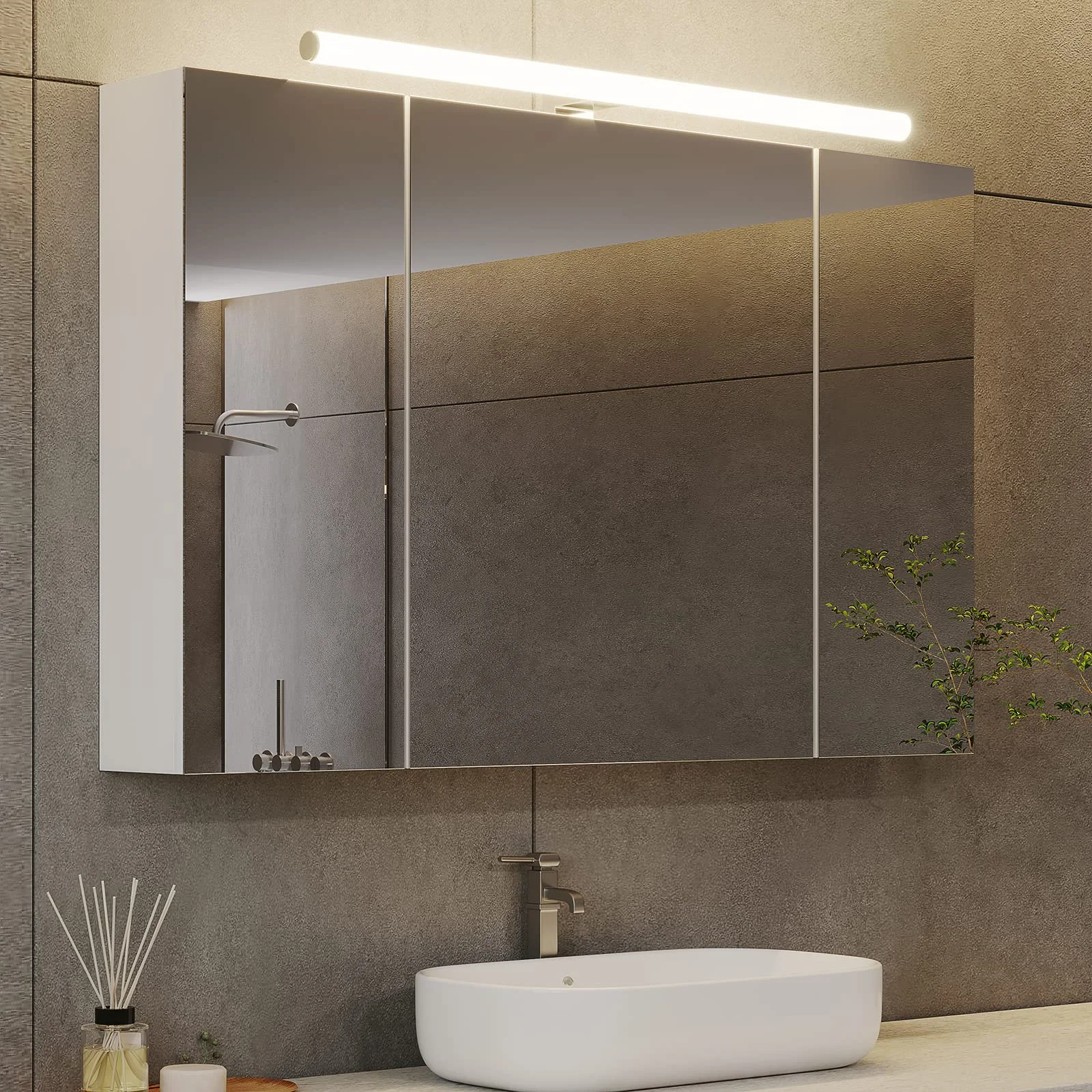DICTAC Spiegelschrank Bad mit Beleuchtung,Steckdose und Lichtschalter Badschrank mit Spiegel Badezimmer Spiegelschrank mit 3 Türen und Glasablage Hängeschrank,badspiegel,Weiß- 90x60x16cm