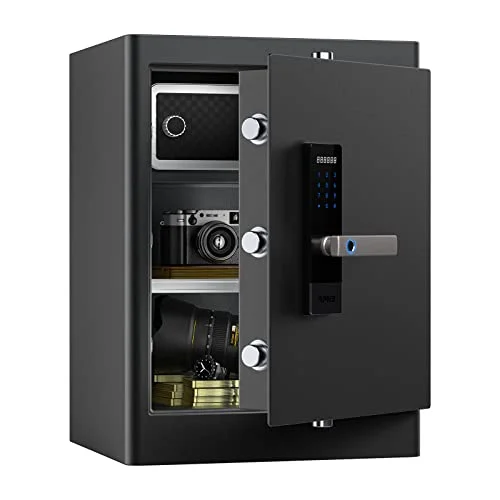RPNB Deluxe Biometrischer Heimtresor und Schließfach,Touchscreen Fingerabdruck Sicherheits-Safebox mit Doppelte Warnung, Sprachansage, Schwarzer Sicherheitssafe für Zuhause, Hotel, Büro