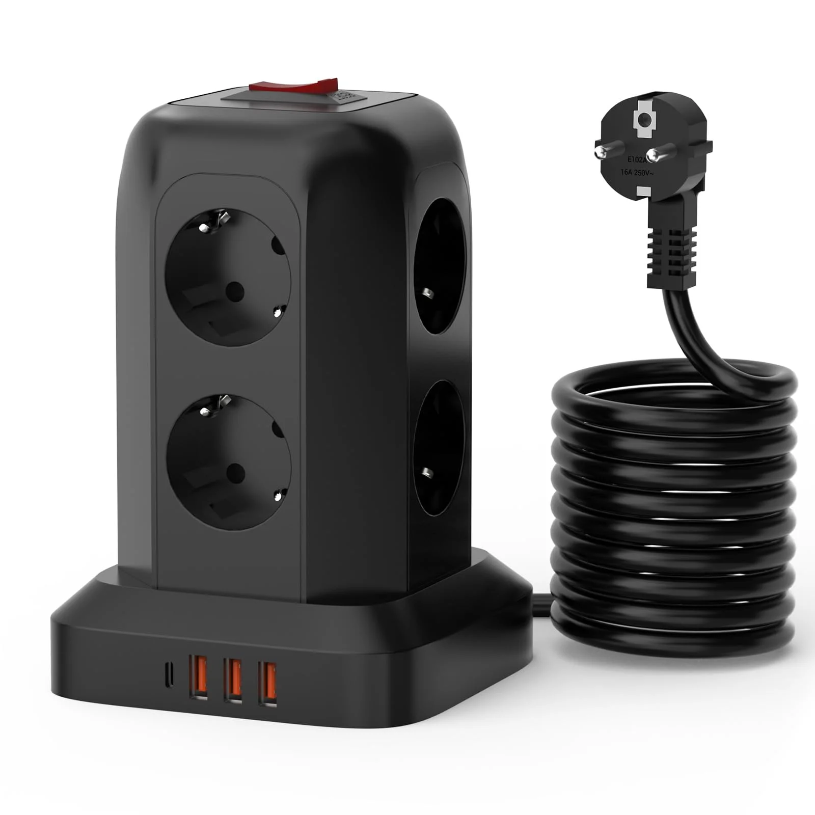 12 in 1 Steckdosenturm 8 Fach Mehrfachsteckdose mit 4 USB, Steckdosenleiste mit Schalter, 1,8M Kabel, Überspannungsschutz, Platzsparend Steckdosenwürfel für Home Office Wohnzimmer Küche Büro