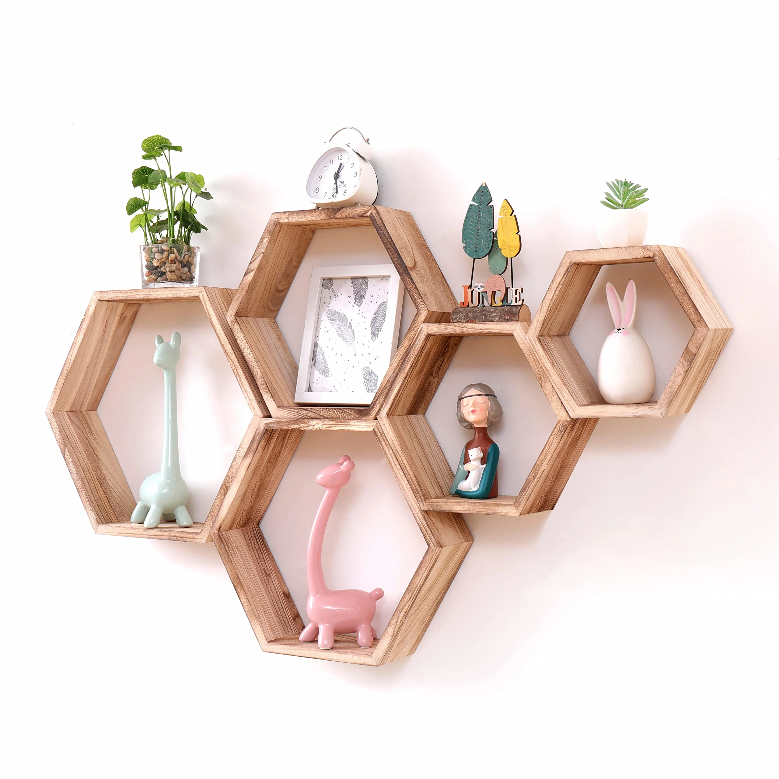 Sechseckige Wandregale Wabenförmige Regale 5er-Set Wandmontierte Holzregale im Landhausstil Wand-Aufbewahrungsregal für Badezimmer, Küche, Schlafzimmer, Wohnzimmer ,Flur, Büro, Dekor- Wanddekoration