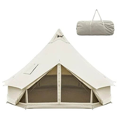 KingCamp Khan 4-5M Canvas Glockenzelt, 4-10 Personen 4-Jahreszeiten Glamping Jurte mit Ofenöffnung, 210g TC /280g C Atmungsaktives Wasserdichtes Campingzelt für Familien-Outdoor-Winterreisen, Khaki