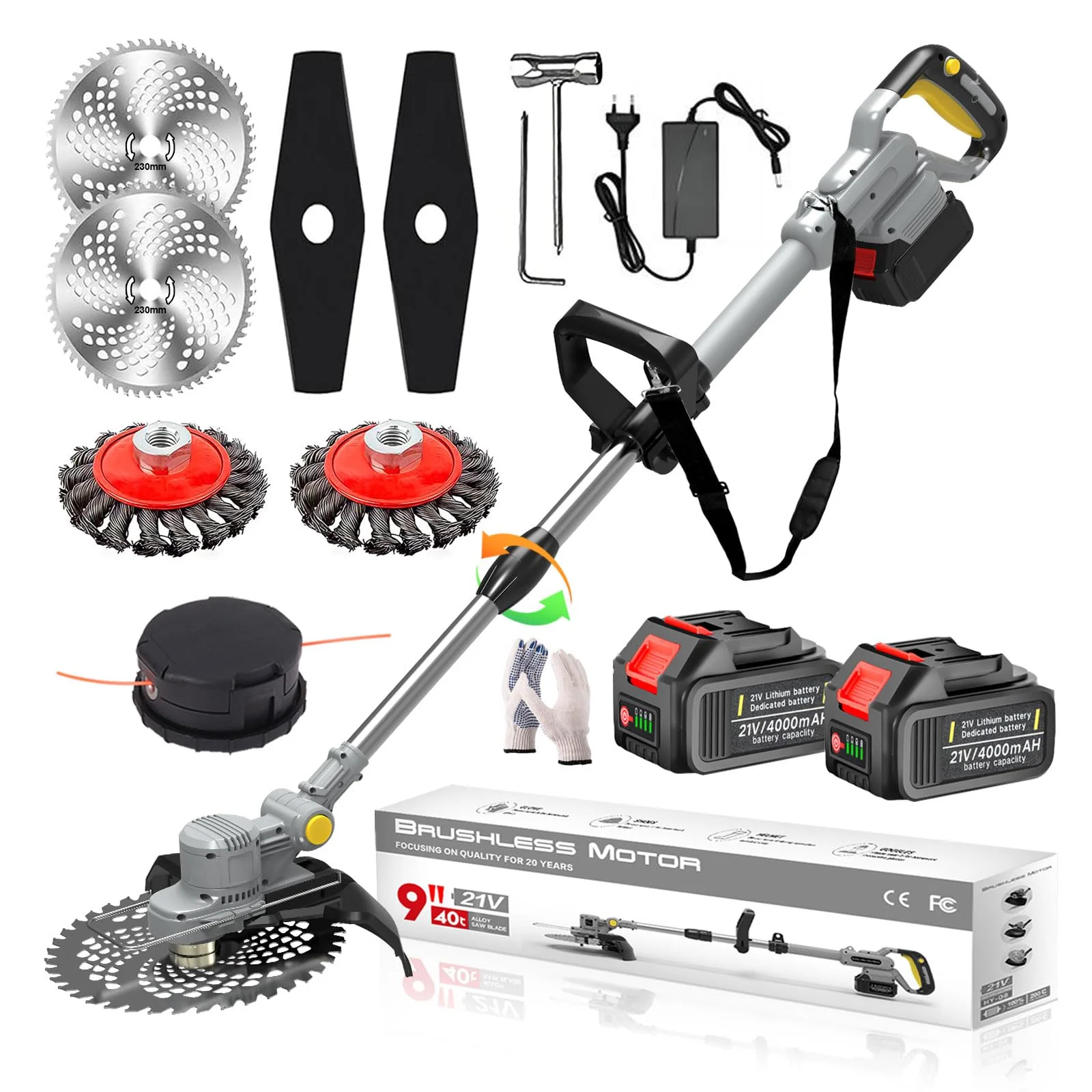 Akku Rasentrimmer mit Akku und Unkrautbürste, Rasentrimmer mit Akku mit 4 Klingentypen, 750W Bürstenlose Freischneider Akku mit 2 Akku 4.0Ah, 4 in 1 Rasentrimmer Elektrisch, 90° Drehung, Grey,c