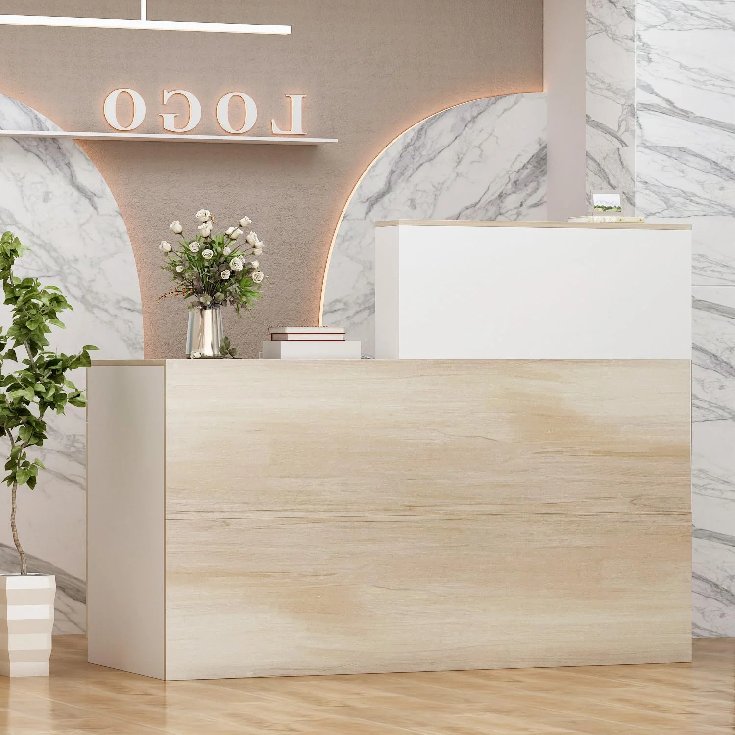 DEZAGCE Rezeptionstheke, Rezeptionstisch, Rezeptionstresen mit offenen Fächern, Rezeption, Rezeptionstheken mit 1 Schublade und 1 Schrank, Büromöbel, Holzfarbe und weiß, 140 X 60 X 110cm, MDF
