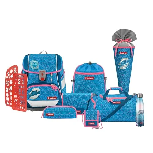 Step by Step Schulranzen-Set 2IN1 Plus „Dolphin Pippa“, 10-teilig, blau, ergonomischer 19L Tornister, höhenverstellbar mit Hüft- und Brustgurt für Mädchen ab der 1. Klasse, inkl. Zubehör