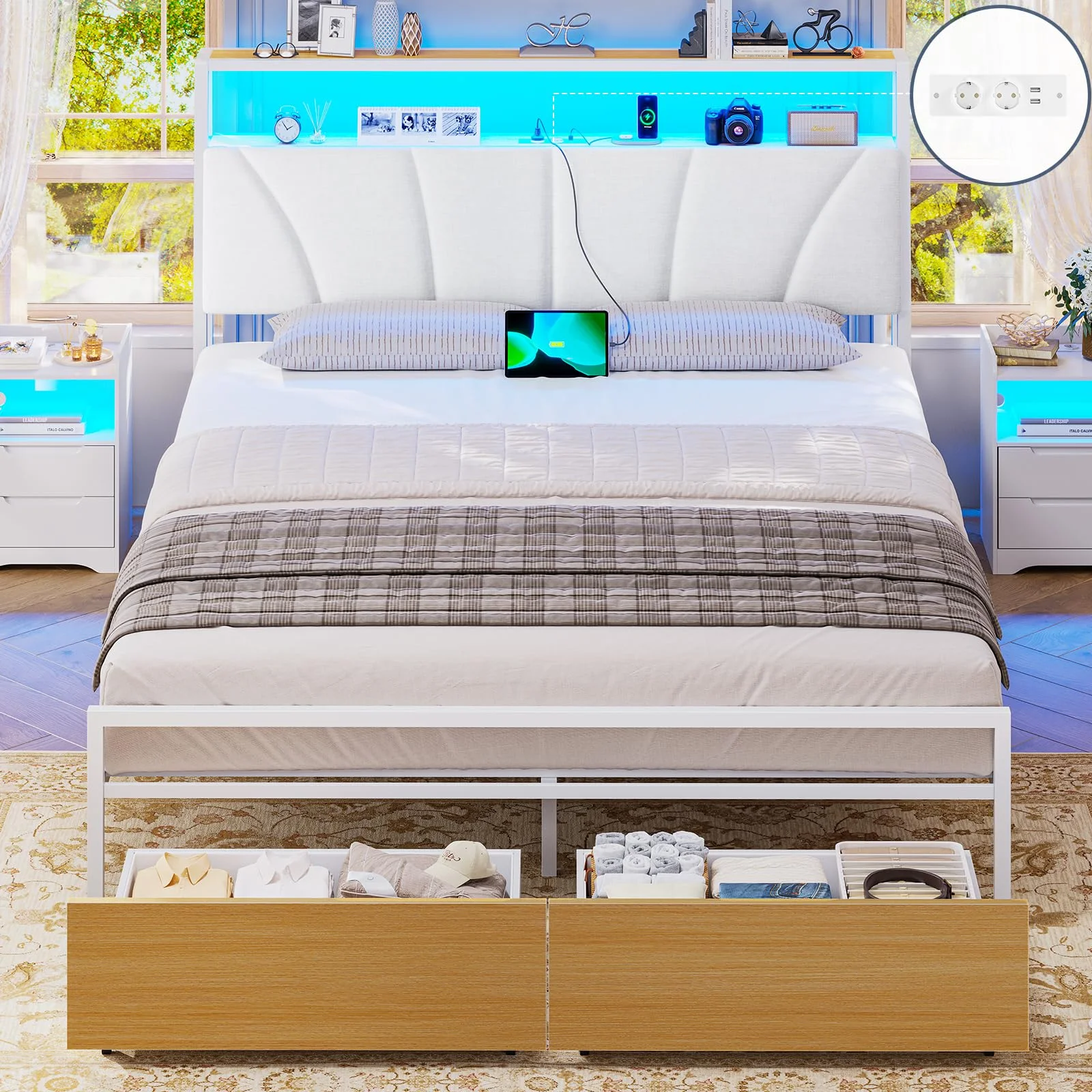 Brinlawb Bett 140x200 mit Stauraum, Lattenrost aus Metall, Bettgestell 140x200 cm mit LED & Ladestation (2 AC-Steckdosen & 2 USB-Anschlüsse), Jugendbett Doppelbett mit 2 großen Schubladen, Weiß